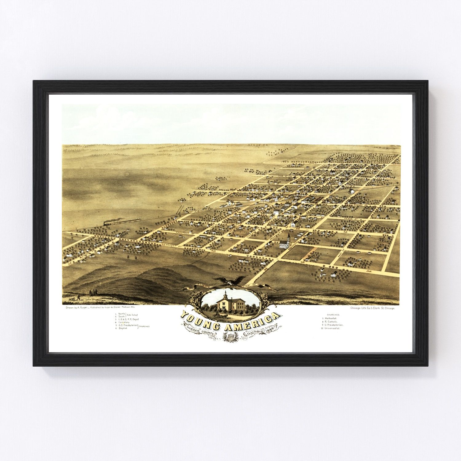 Vintage 1869 Young America Illinois map, digitally restored print