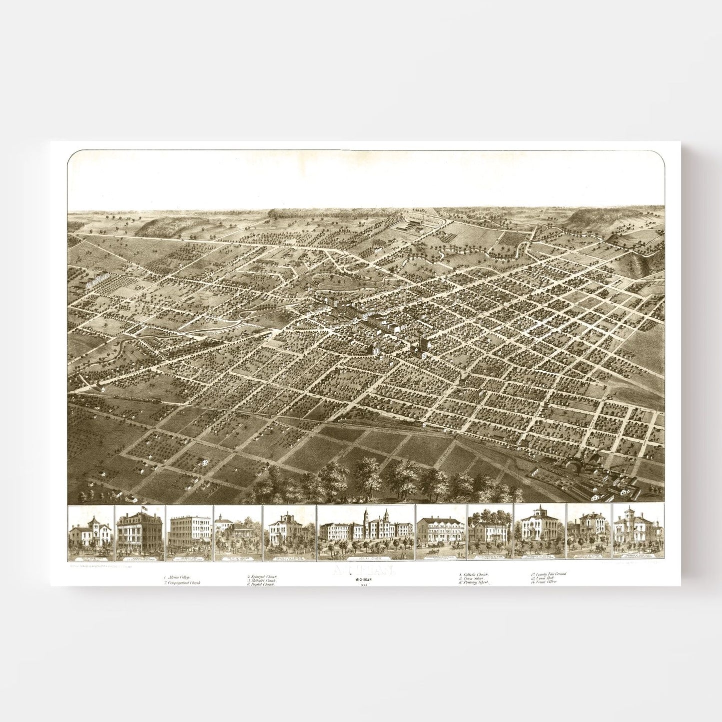 Vintage Map of Adrian, Michigan, 1866
