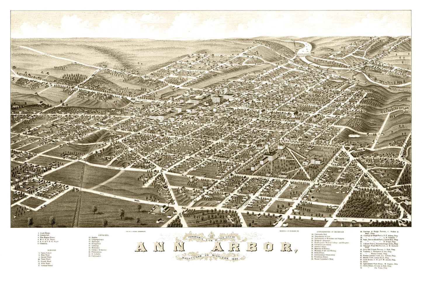 Vintage Map of Ann Arbor, Michigan, 1880