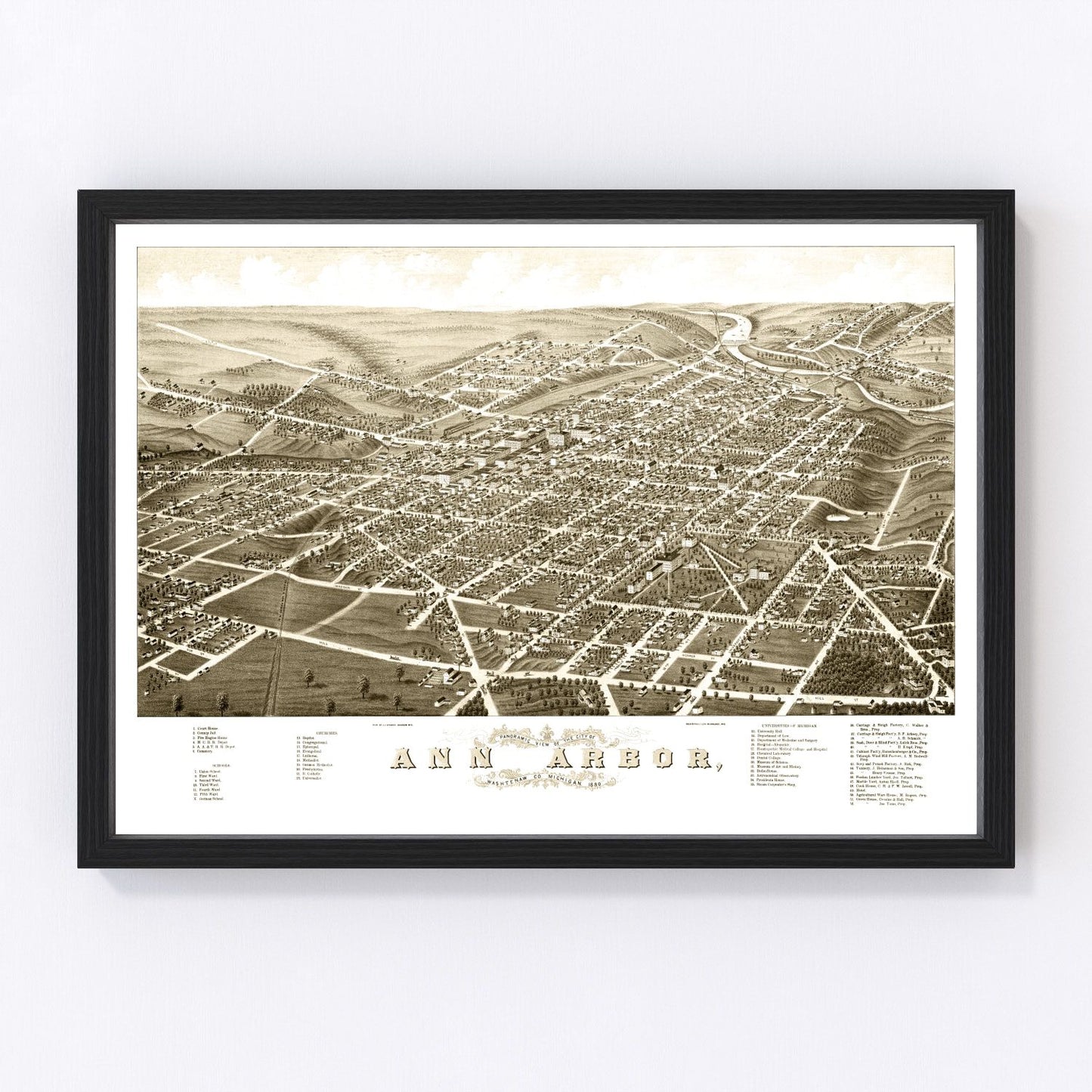 Restored vintage map of Ann Arbor, Michigan, 1880