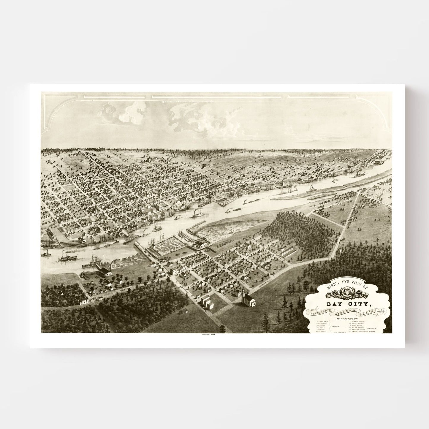 Vintage Map of Bay City, Michigan, 1867