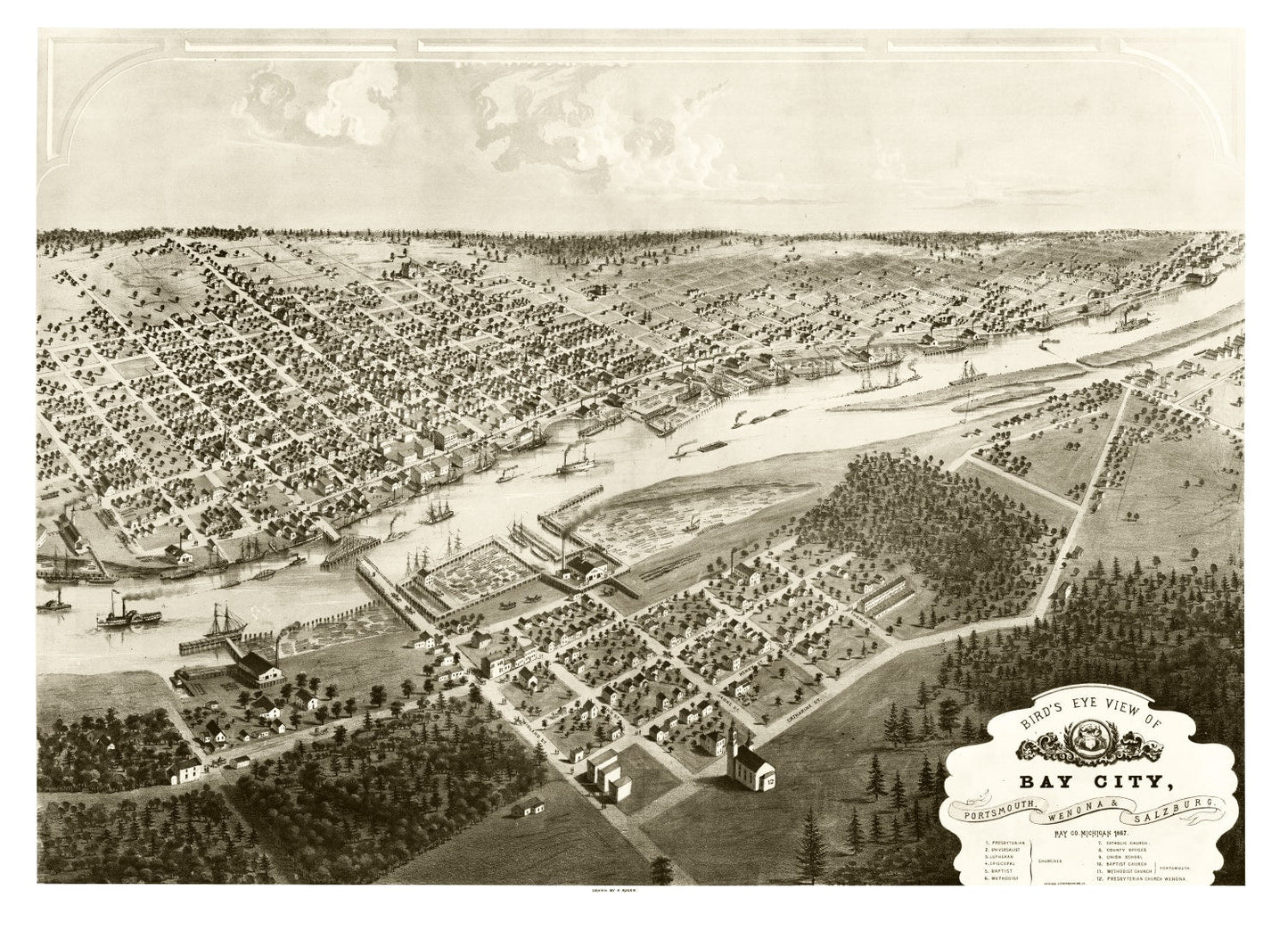Vintage Map of Bay City, Michigan, 1867