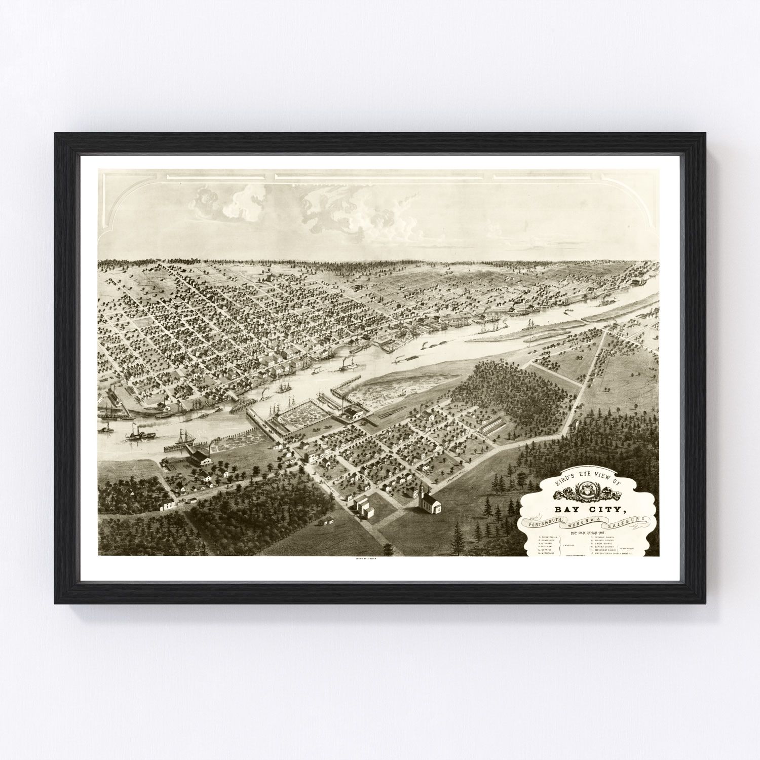 Vintage map of Bay City, Michigan, 1867