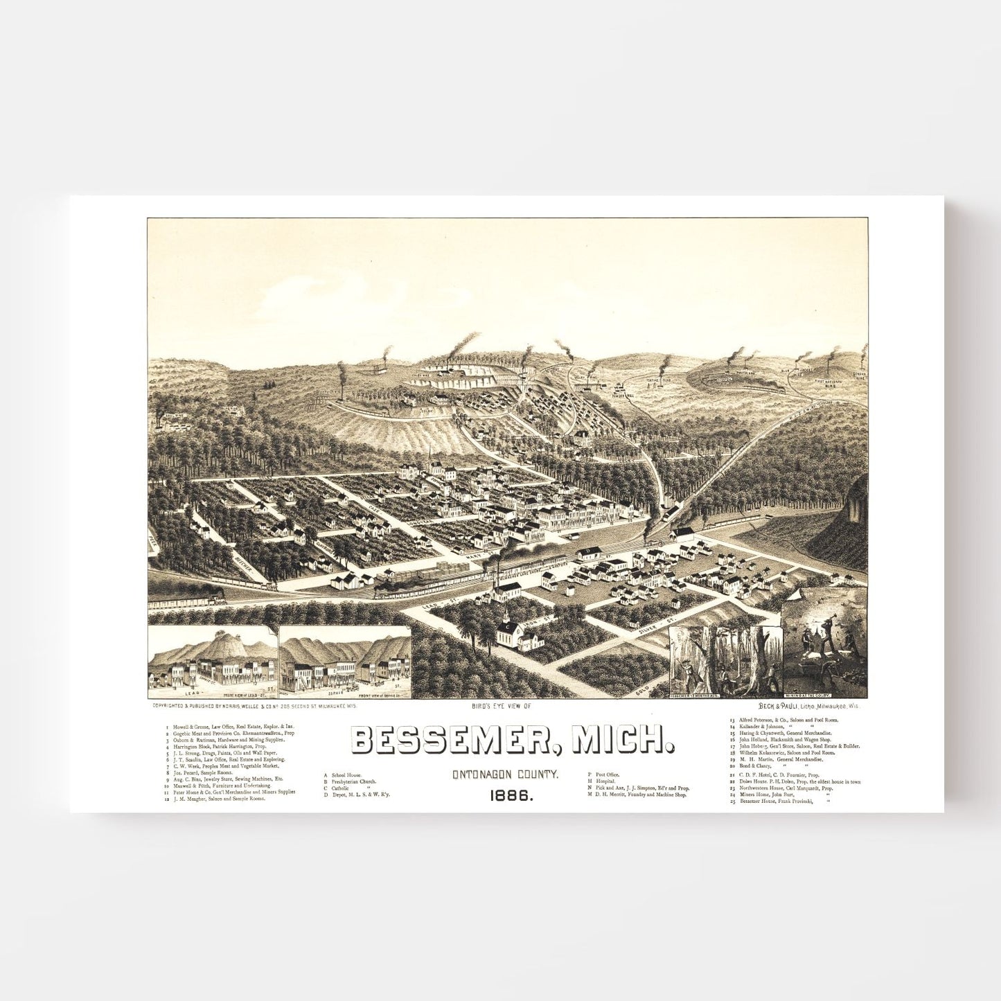 Vintage Map of Bessemer, Michigan, 1886
