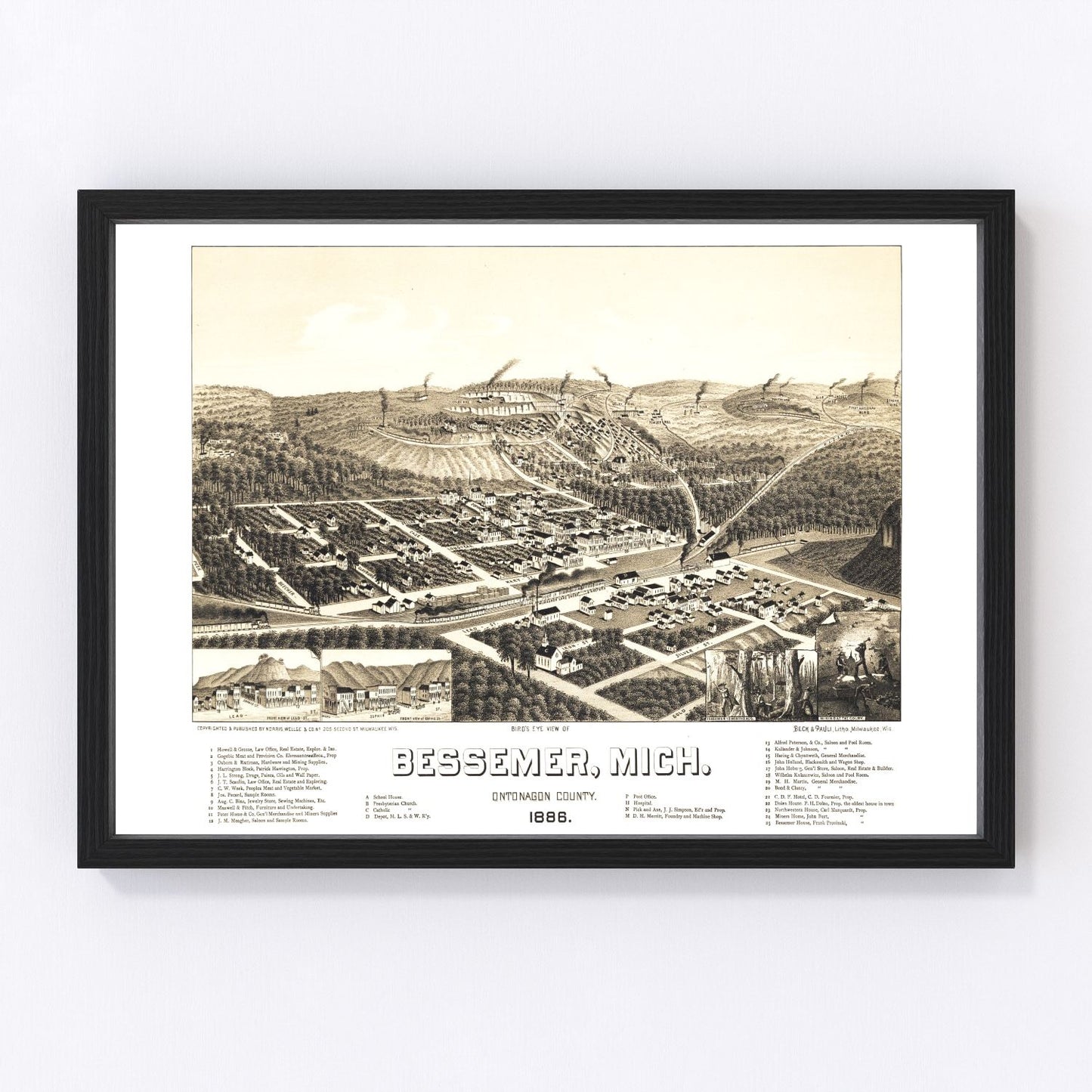 Vintage map of Bessemer, Gogebic County, Michigan, 1886, restored print