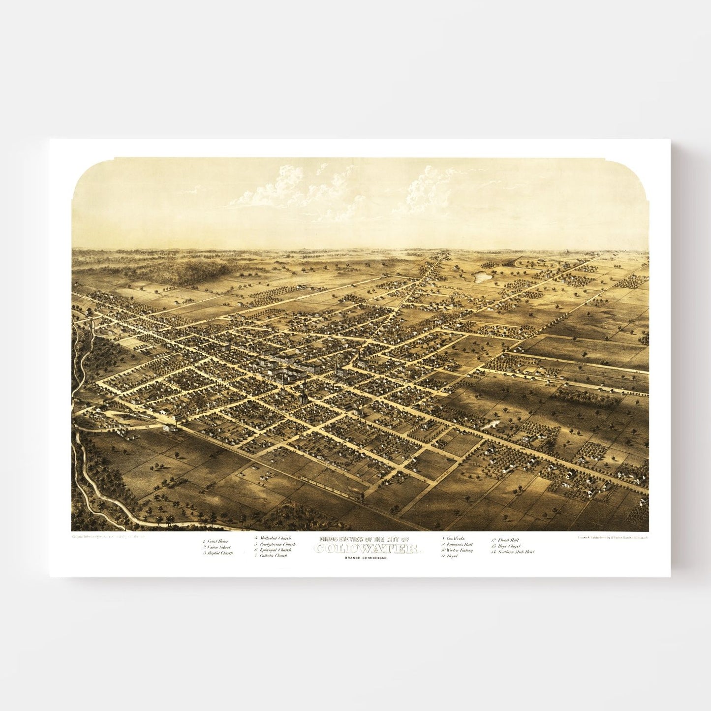Vintage Map of Coldwater, Michigan, 1868