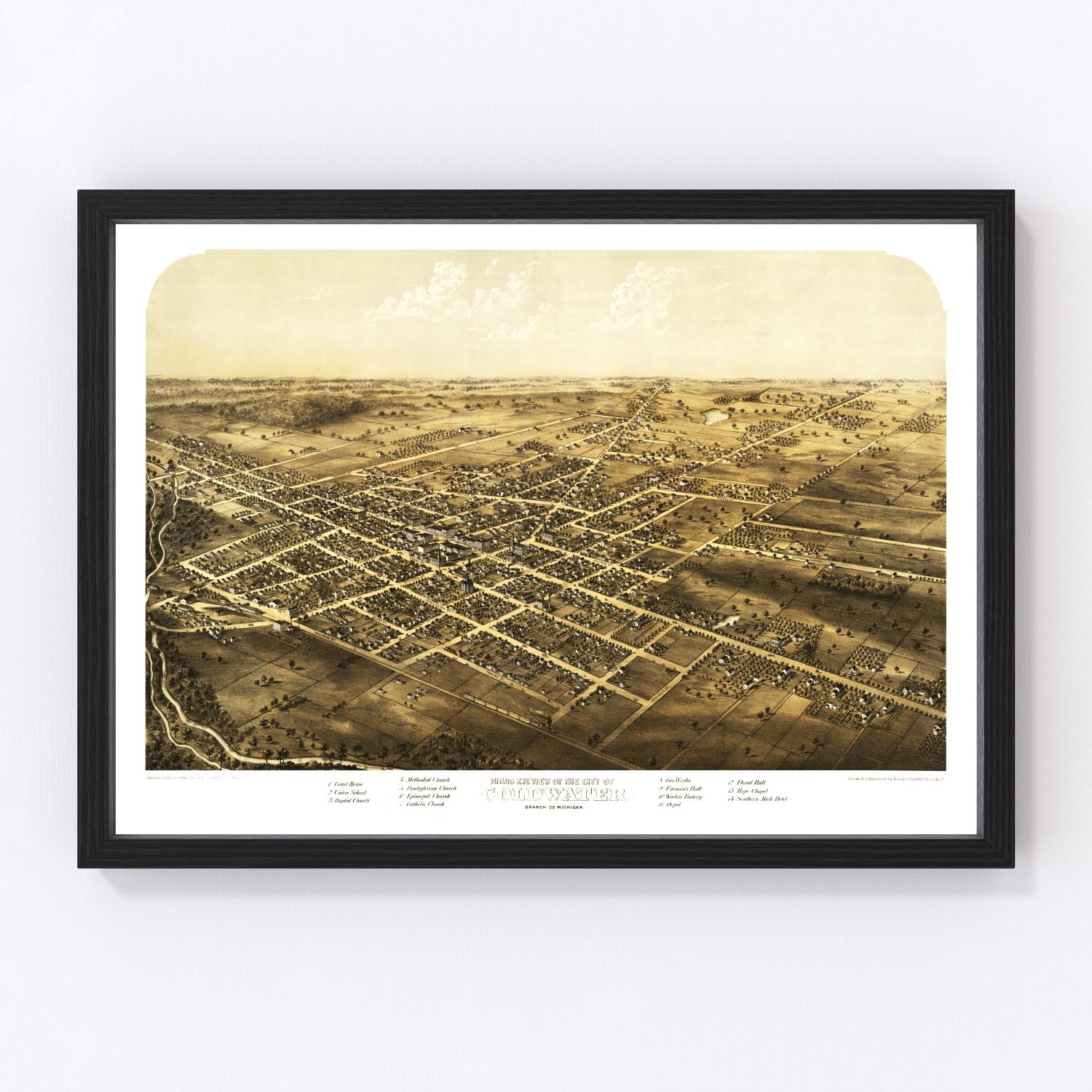 Vintage map of Coldwater, Michigan, 1868