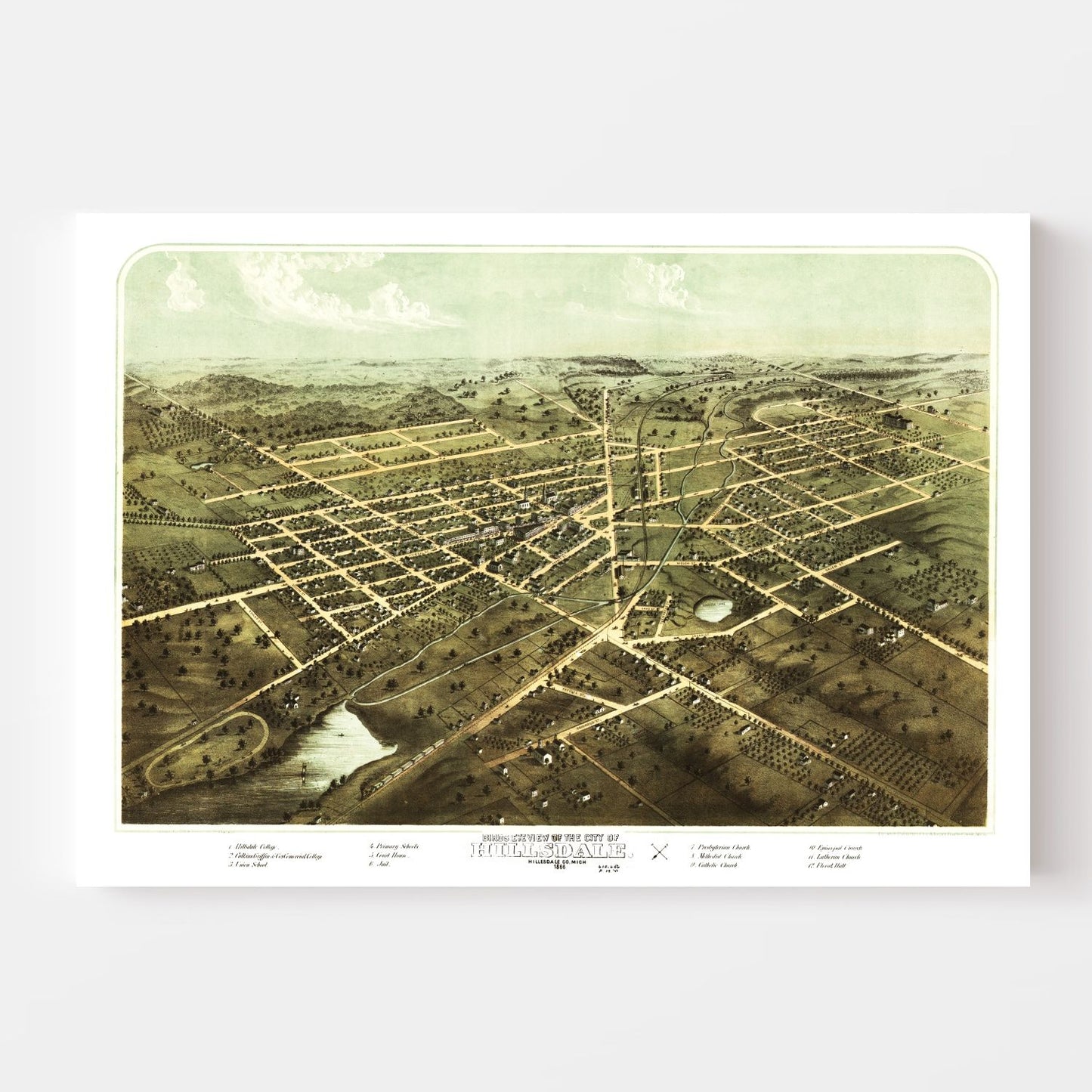Vintage Map of Hillsdale, Hillsdale County, Michigan, 1866