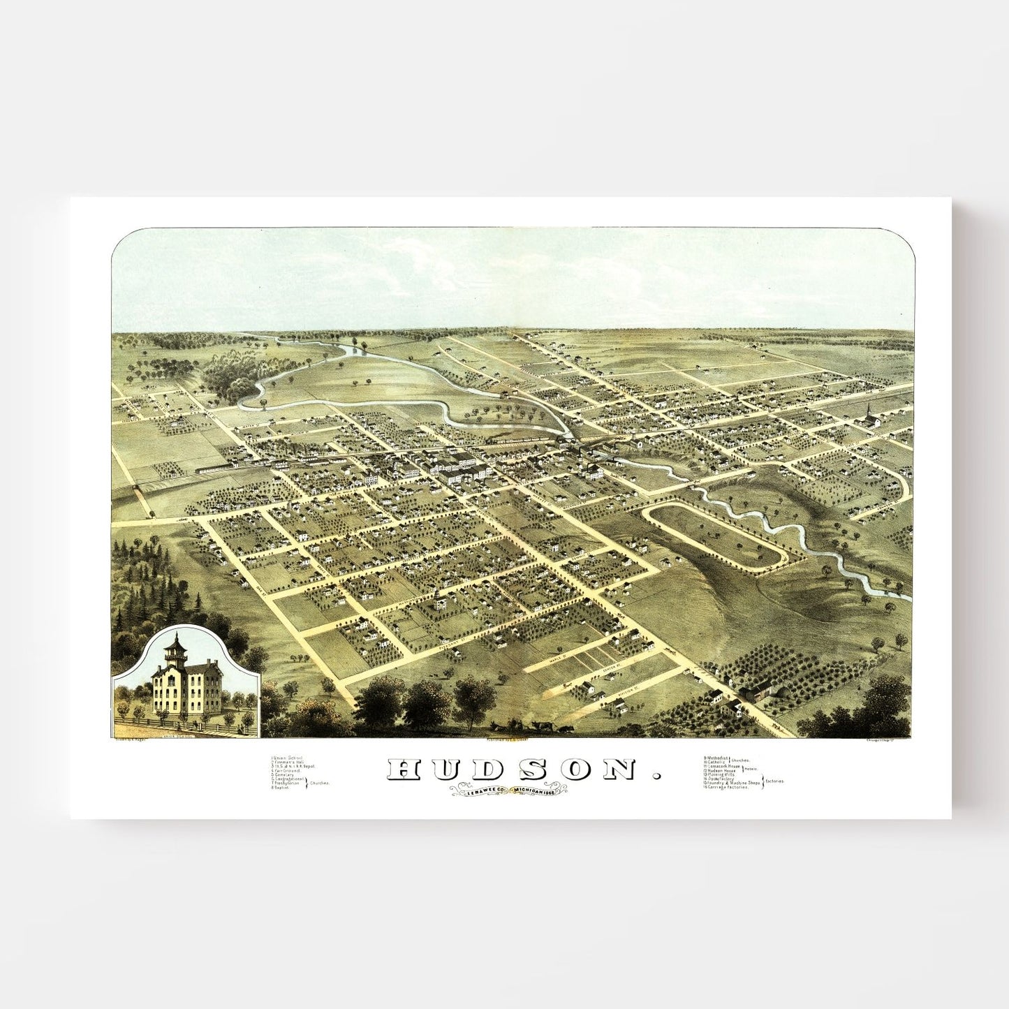 Vintage Map of Hudson, Lenawee County, Michigan, 1868