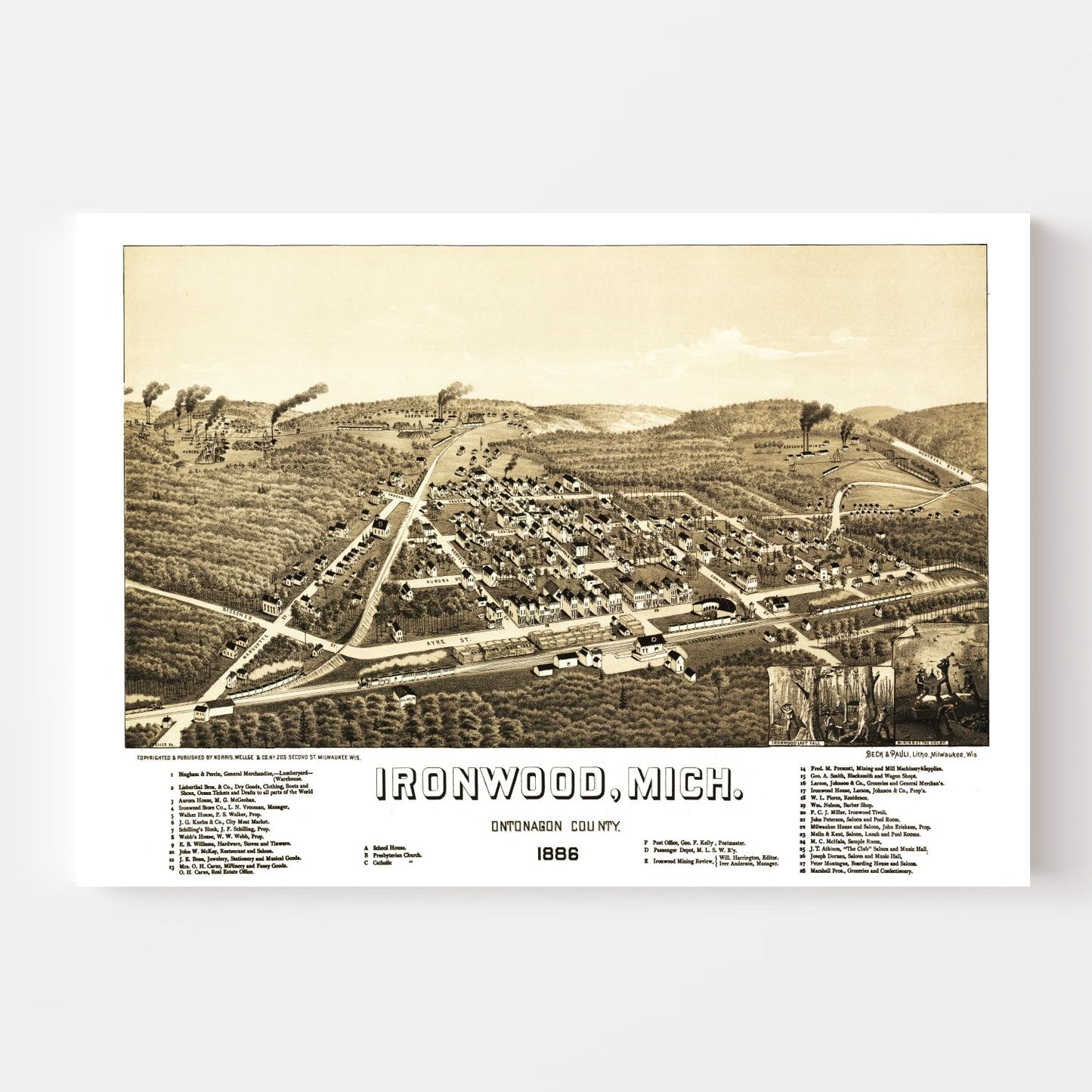 Vintage Map of Ironwood, Michigan, 1886