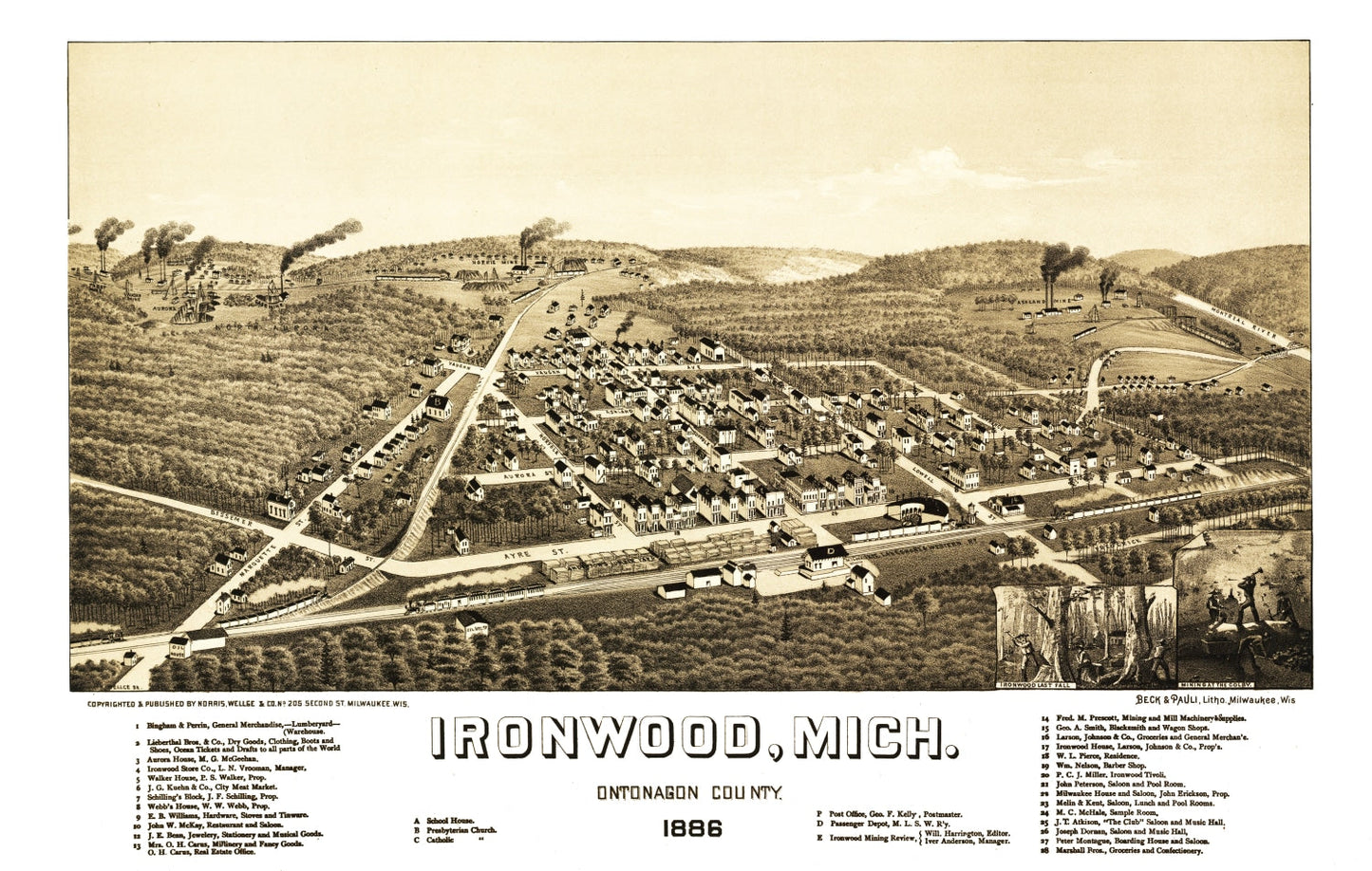 Vintage Map of Ironwood, Michigan, 1886