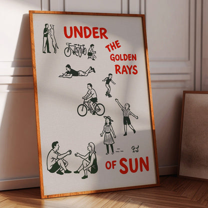 Golden rays of joy retro wall art print with bikes, dogs, and sunshine line art