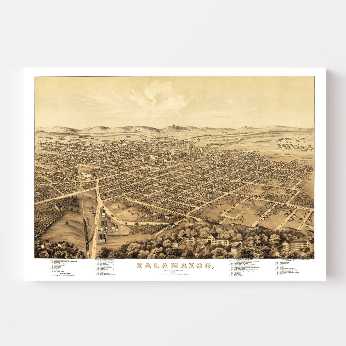 Vintage Map of Kalamazoo, Michigan, 1874