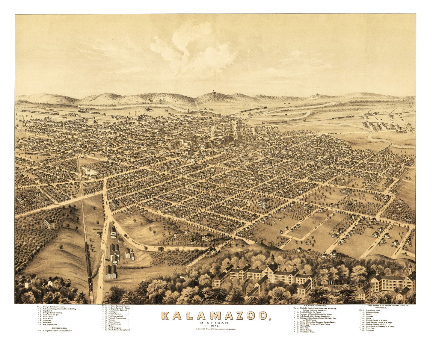 Vintage Map of Kalamazoo, Michigan, 1874