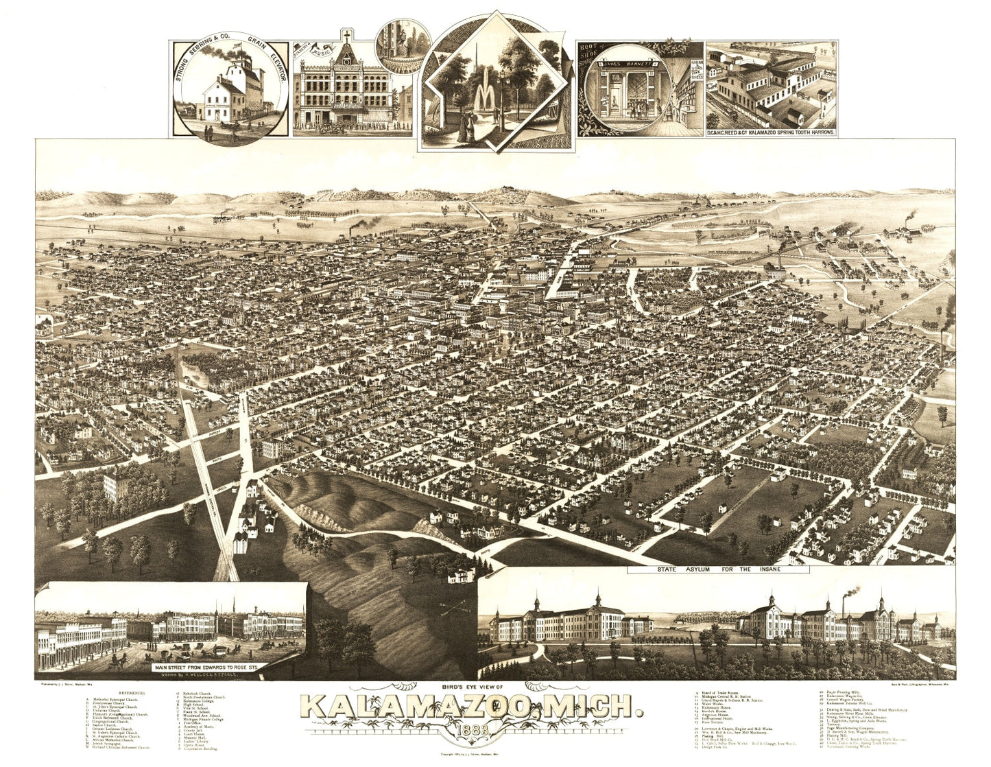 Vintage Map of Kalamazoo, Michigan, 1883