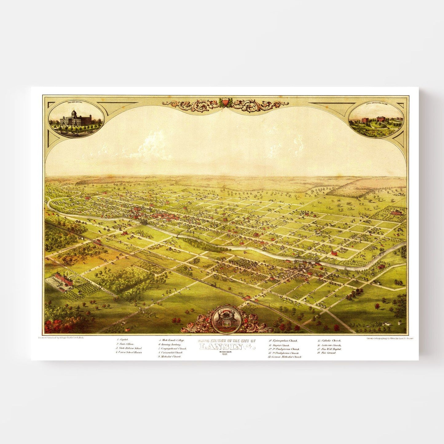 Vintage Map of Lansing, Michigan, 1866