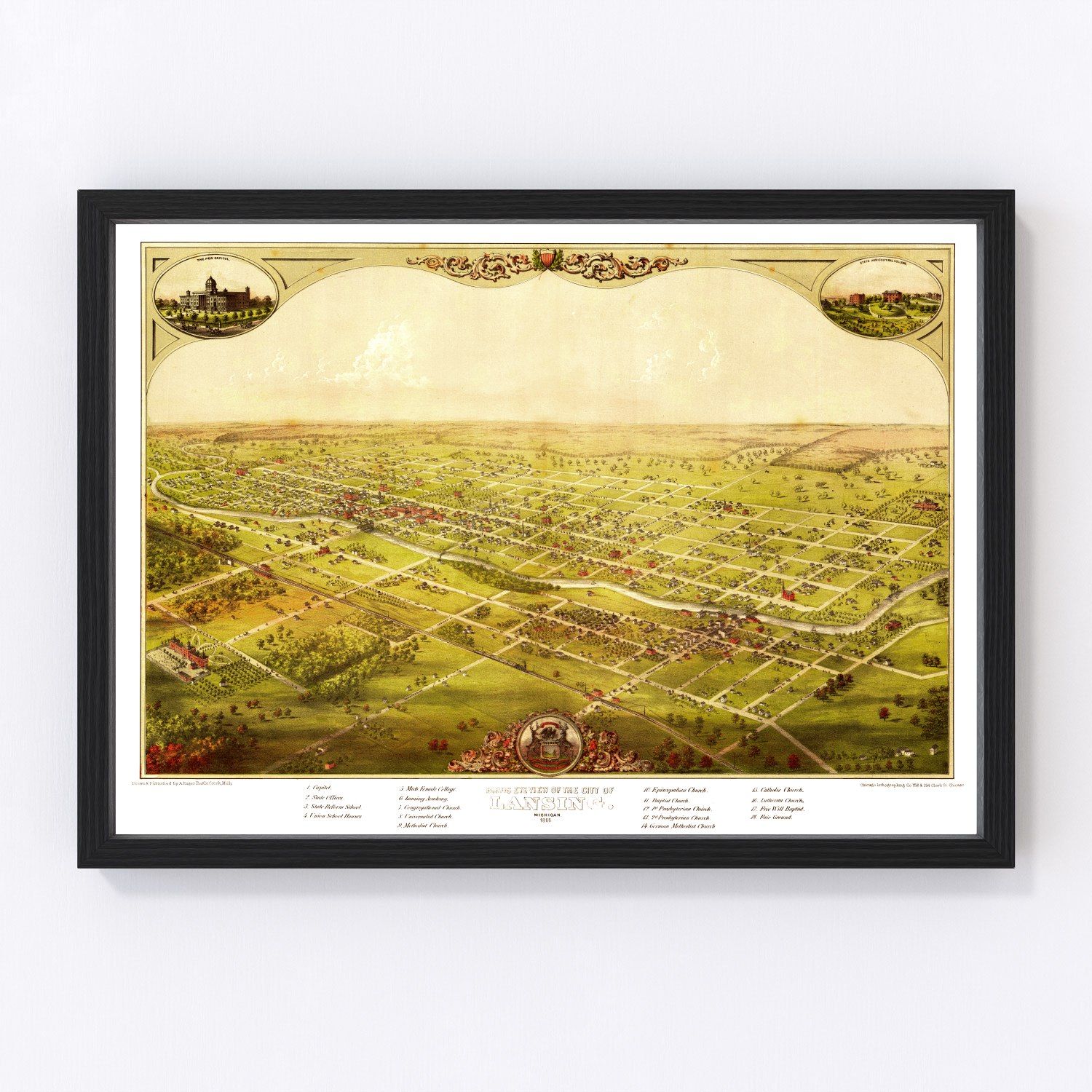 Vintage map of Lansing, Michigan, 1866