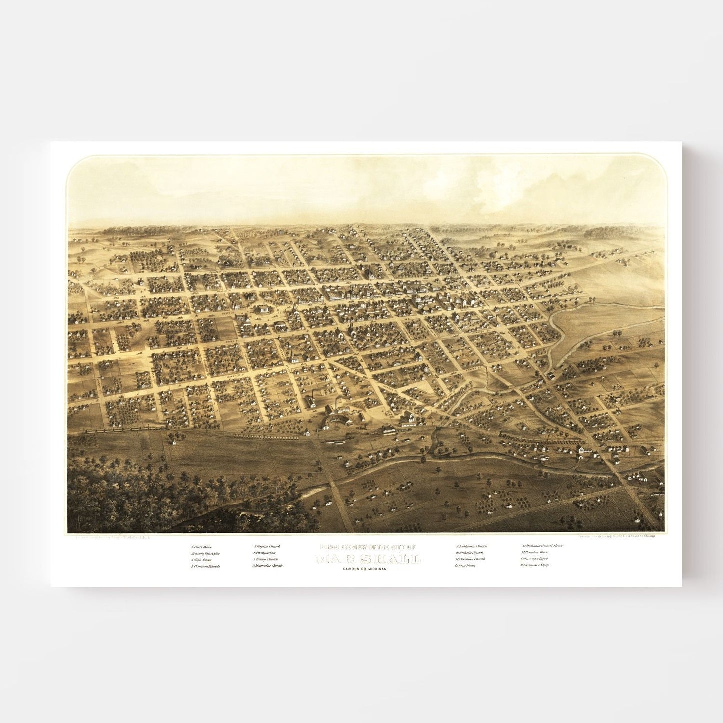 Vintage Map of Marshall, Michigan, 1868