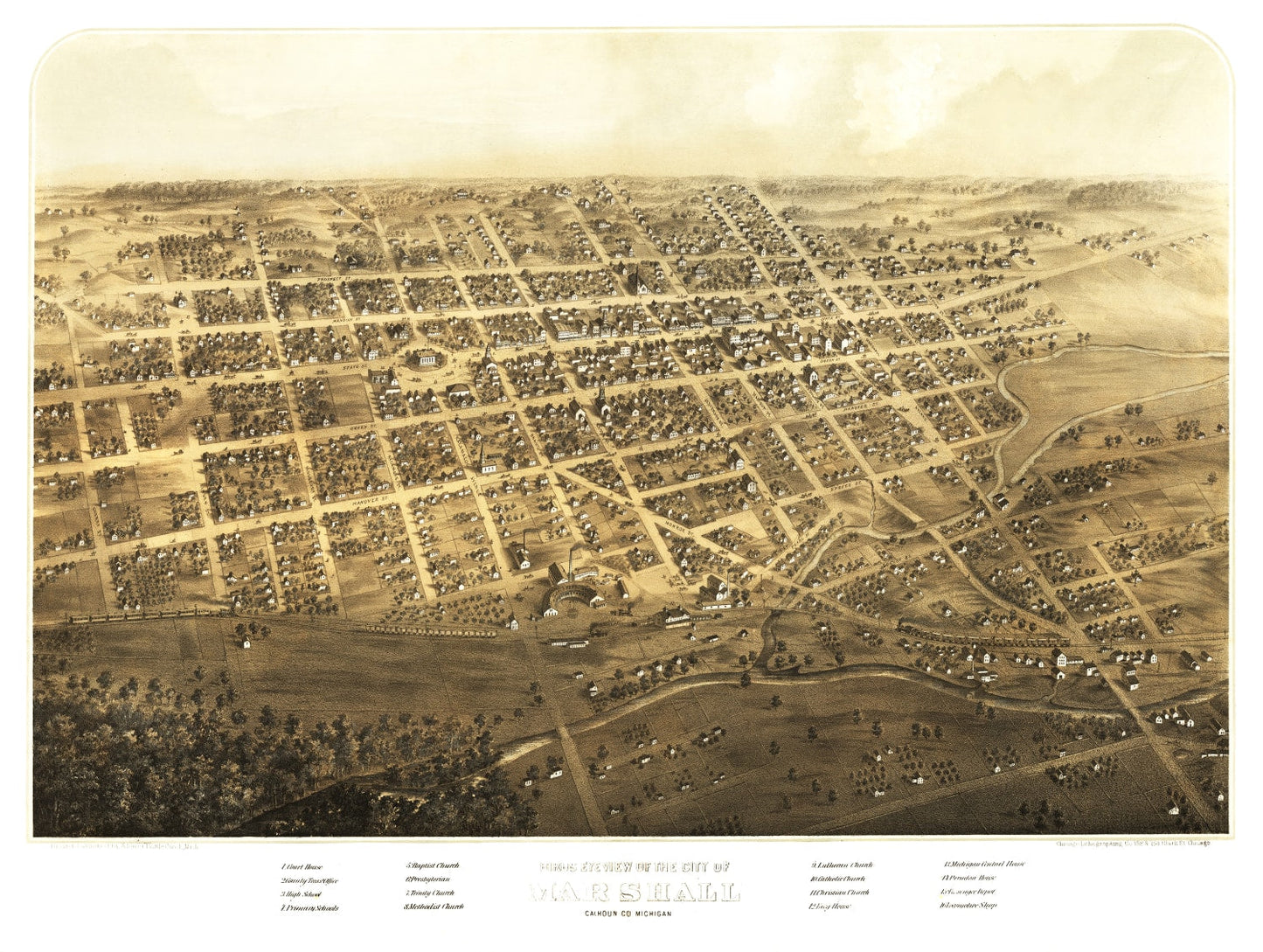 Vintage Map of Marshall, Michigan, 1868