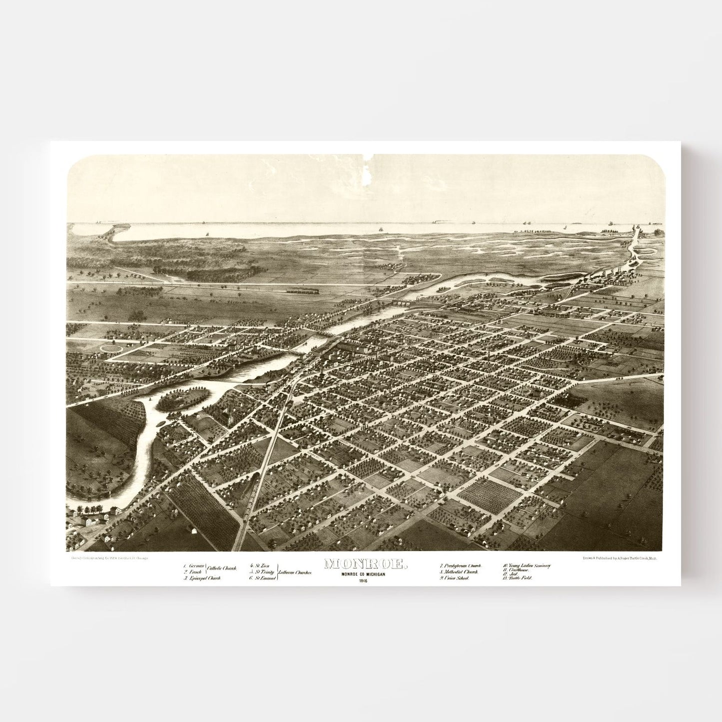 Vintage Map of Monroe, Michigan, 1866