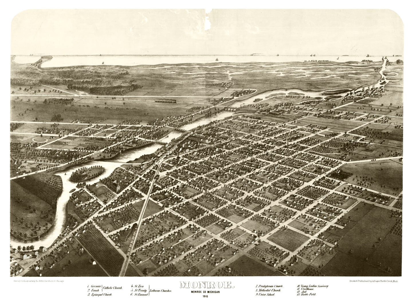 Vintage Map of Monroe, Michigan, 1866