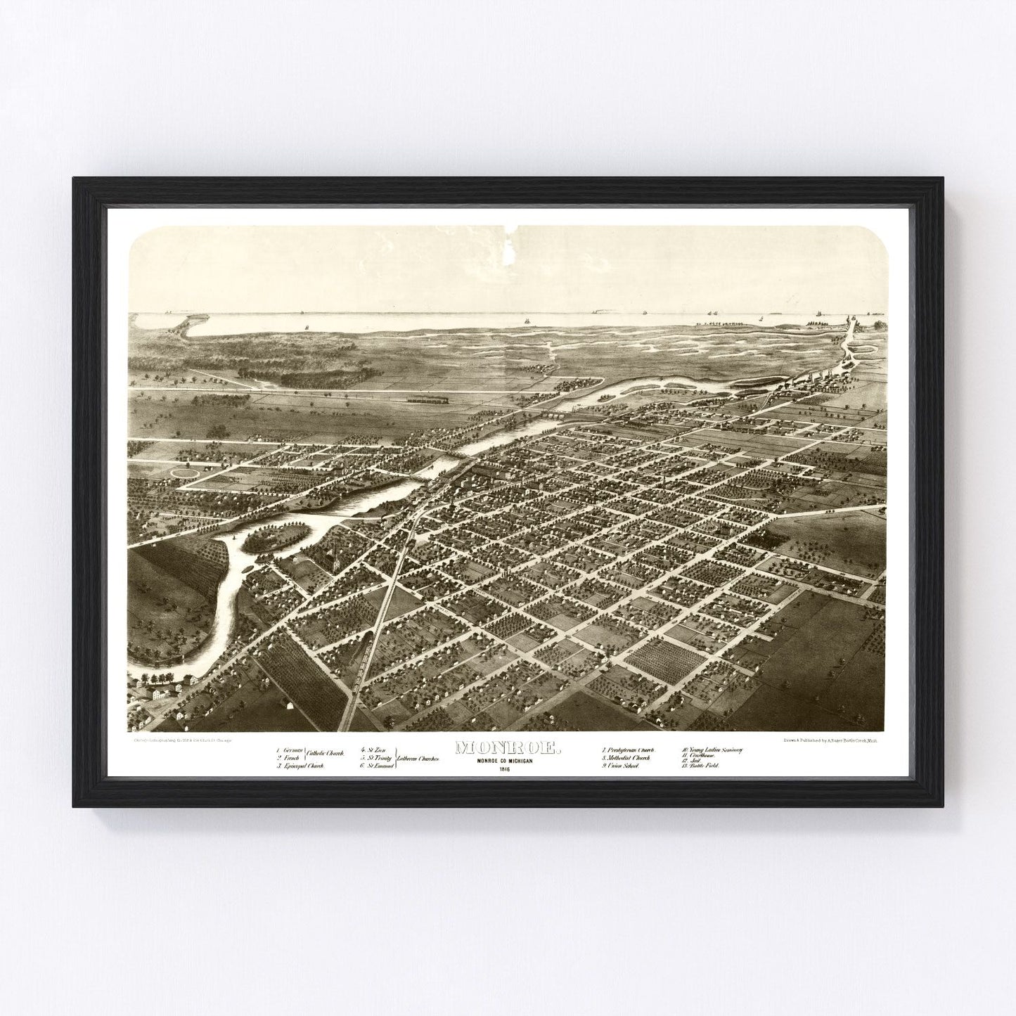 Vintage map of Monroe, Michigan, 1866
