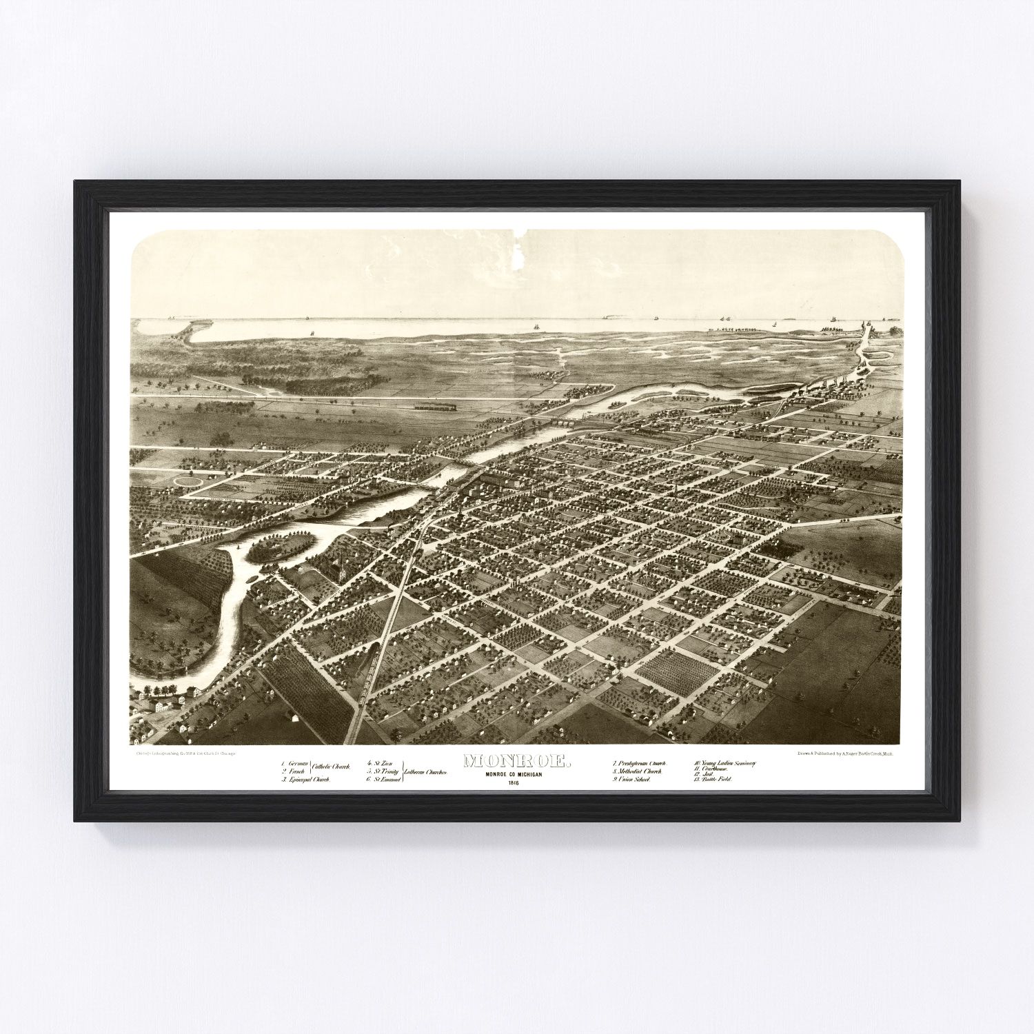 Vintage map of Monroe, Michigan, 1866