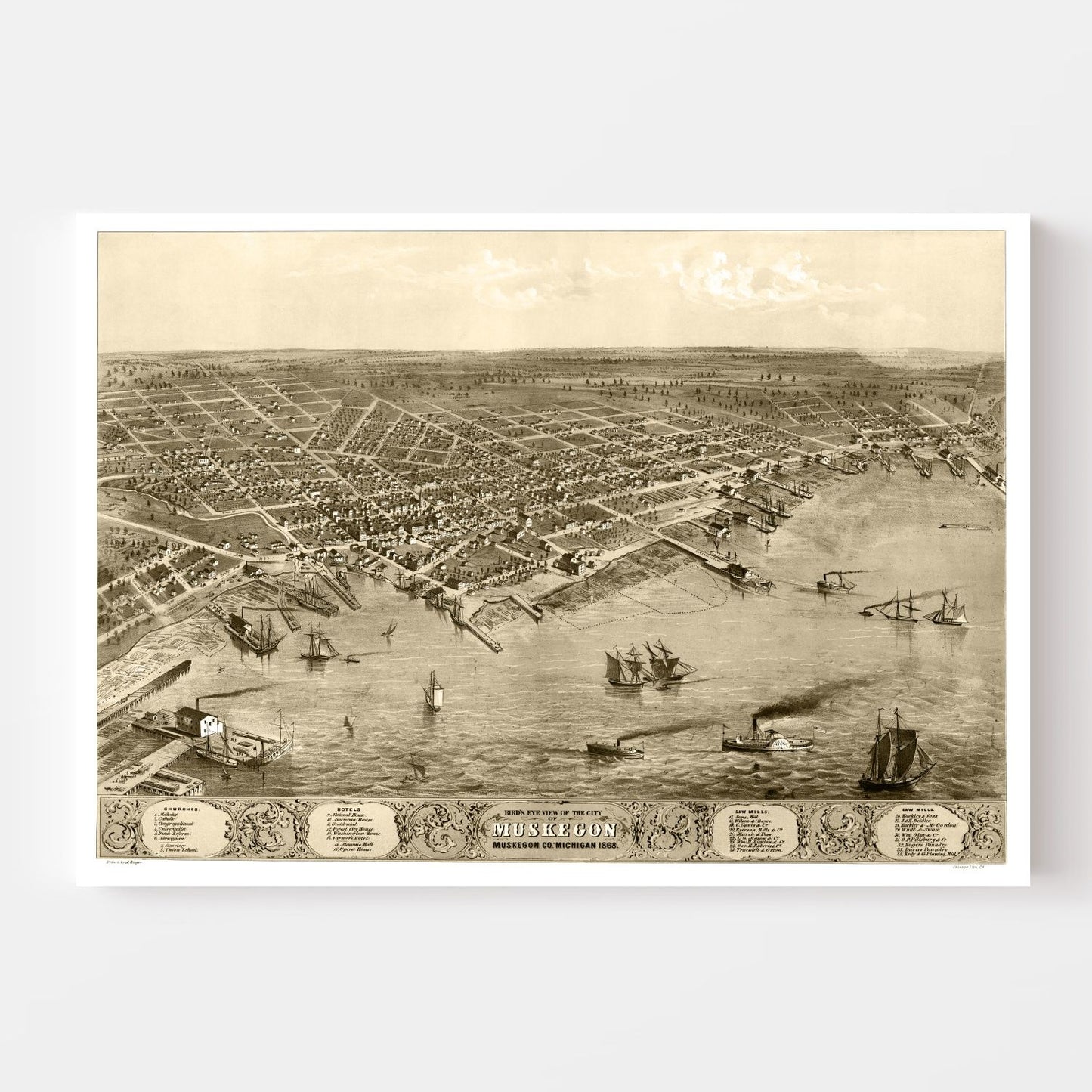 Vintage Map of Muskegon, Michigan, 1868