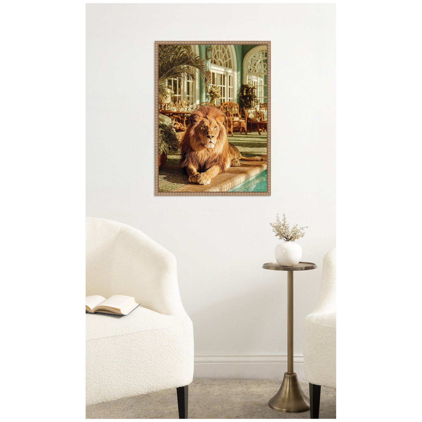 Majestic Lion by the Pool Framed Canvas Wall Art