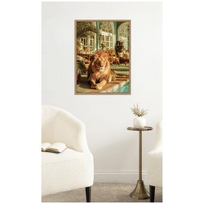 Majestic Lion by the Pool Framed Canvas Wall Art