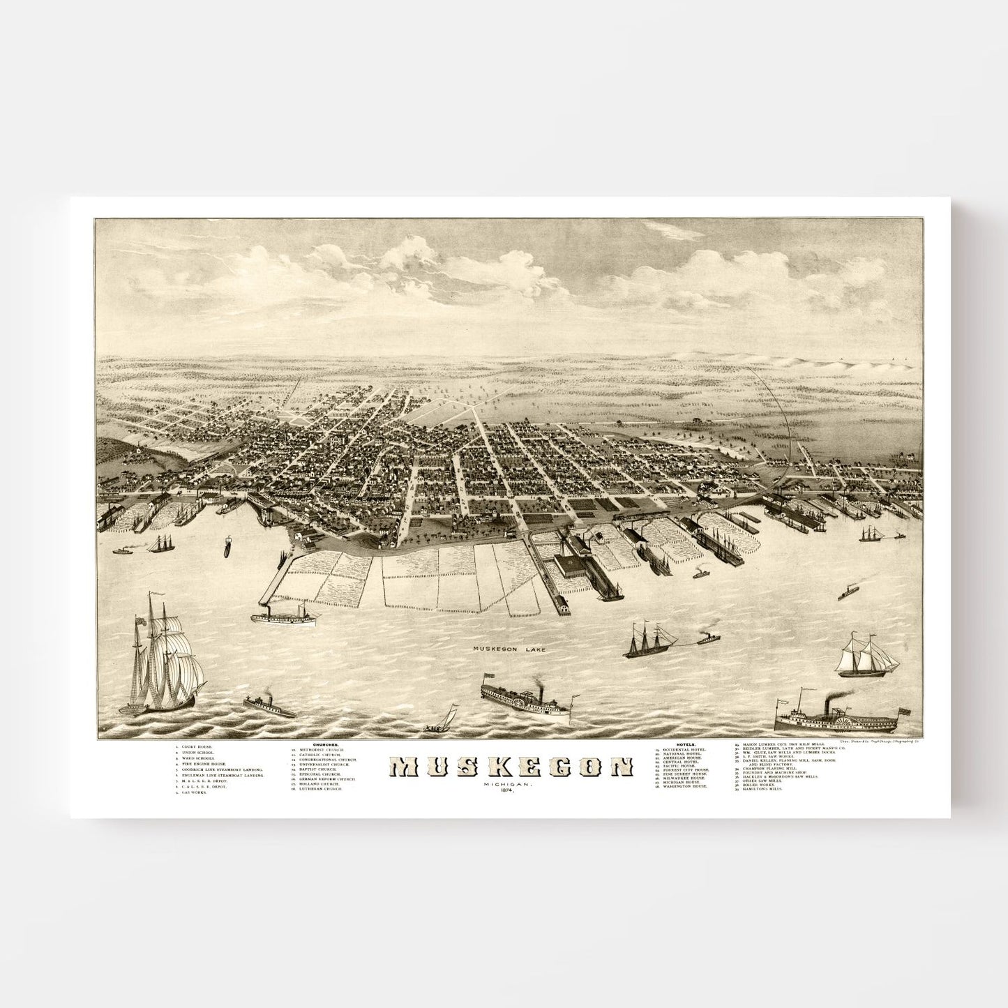 Vintage Map of Muskegon, Michigan, 1874