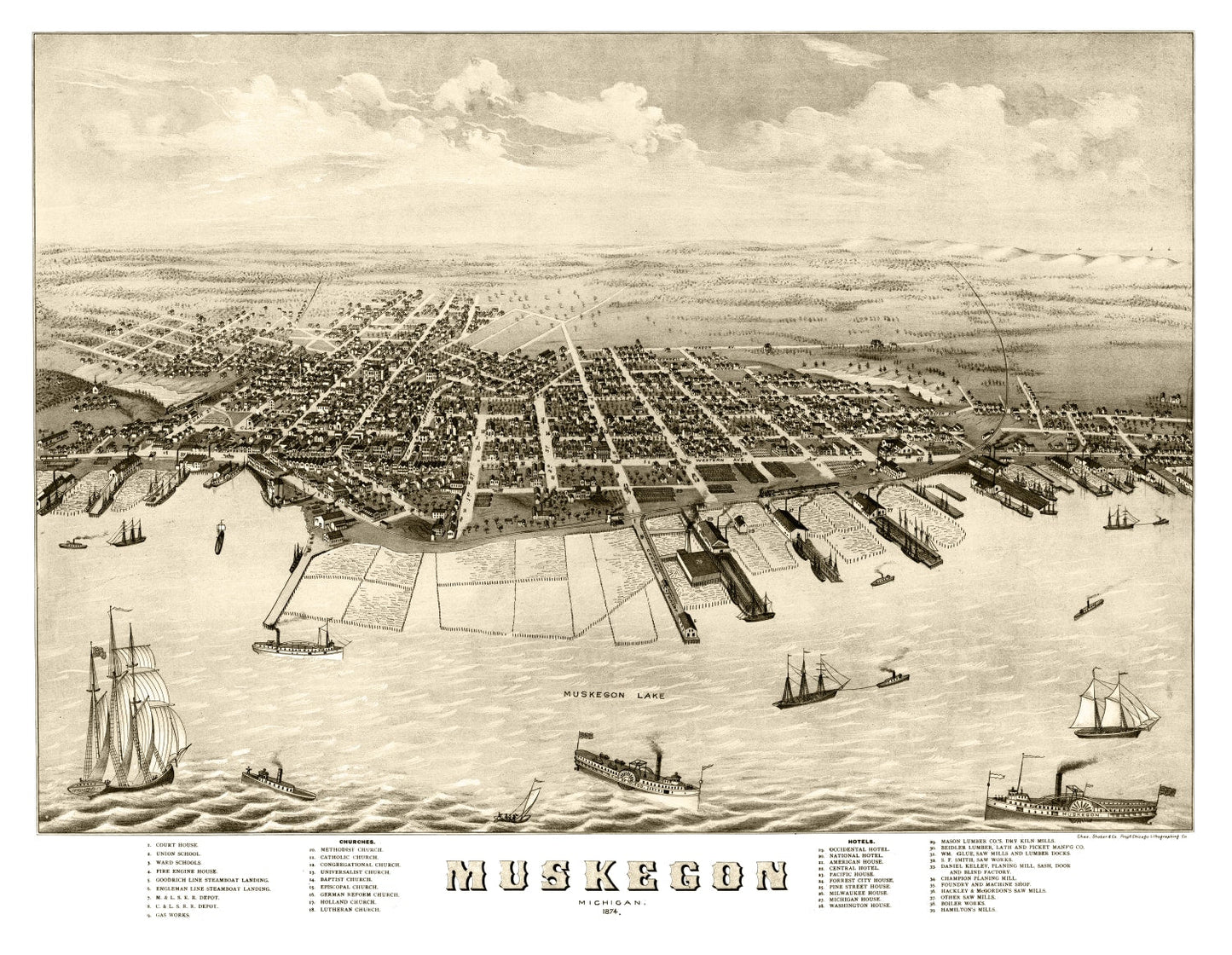 Vintage Map of Muskegon, Michigan, 1874