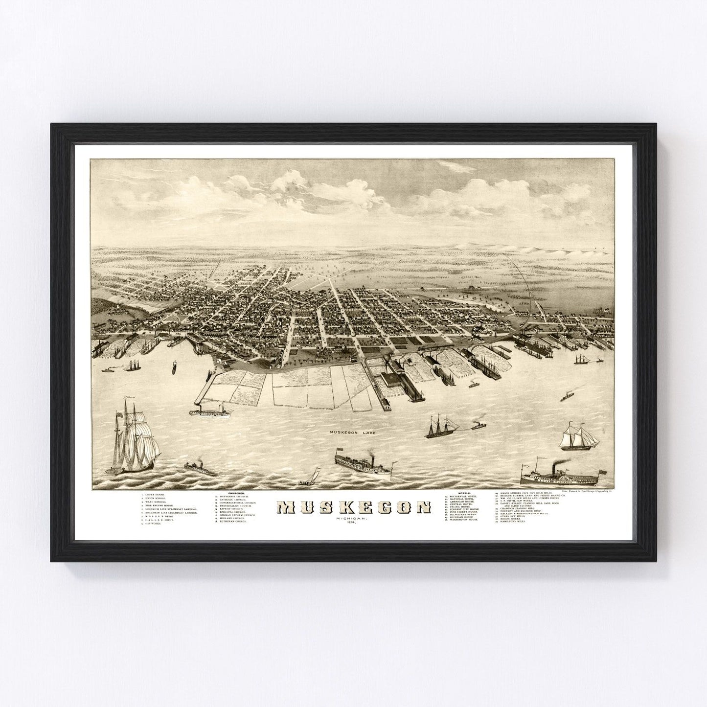 Vintage map of Muskegon, Michigan, 1874