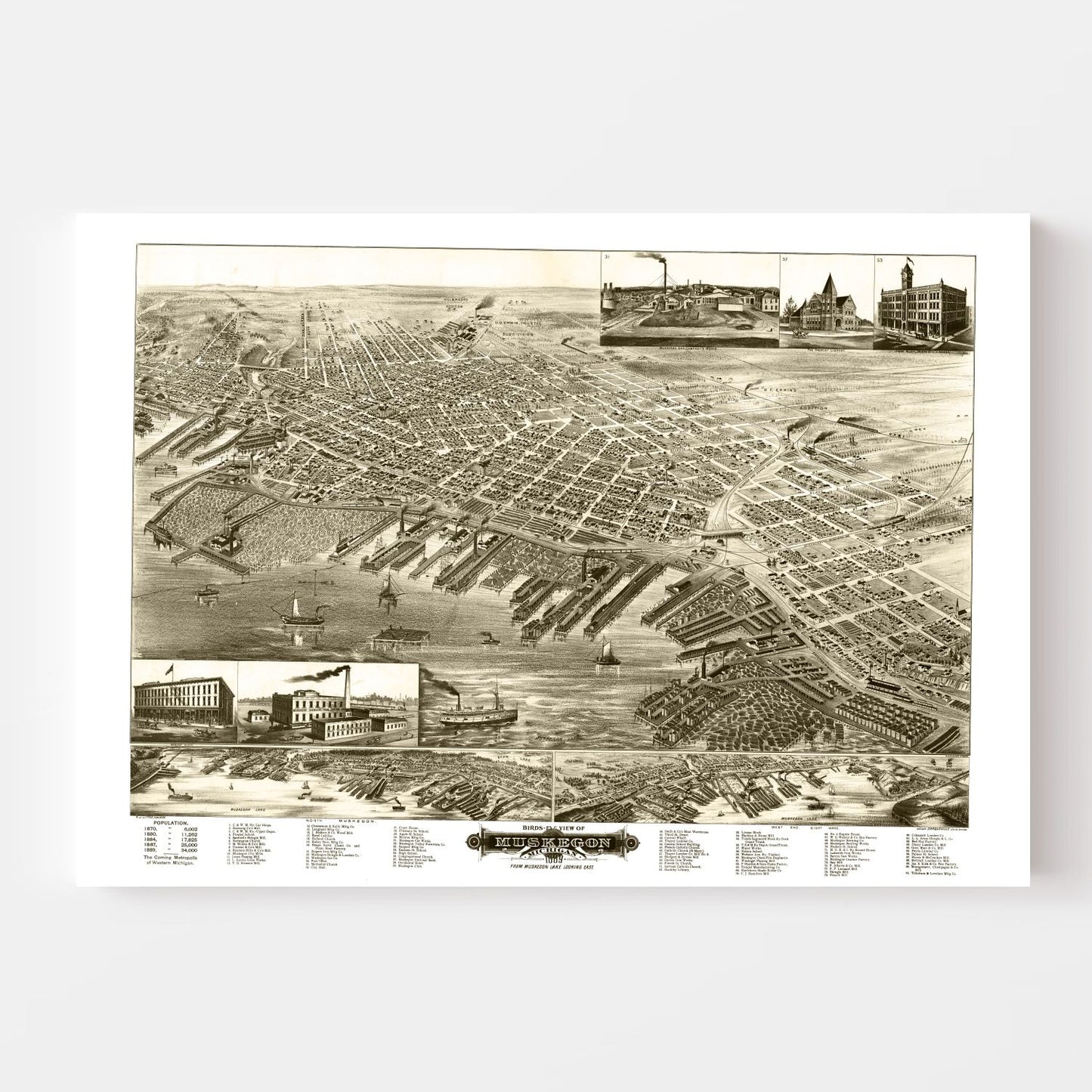 Vintage Map of Muskegon, Michigan, 1889