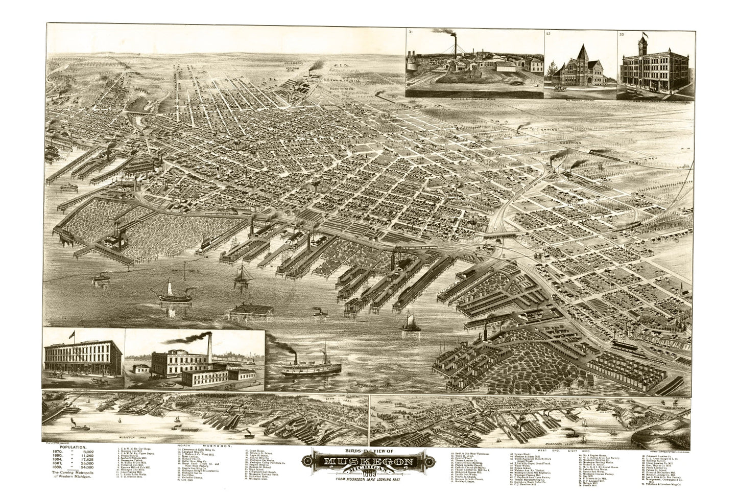 Vintage Map of Muskegon, Michigan, 1889