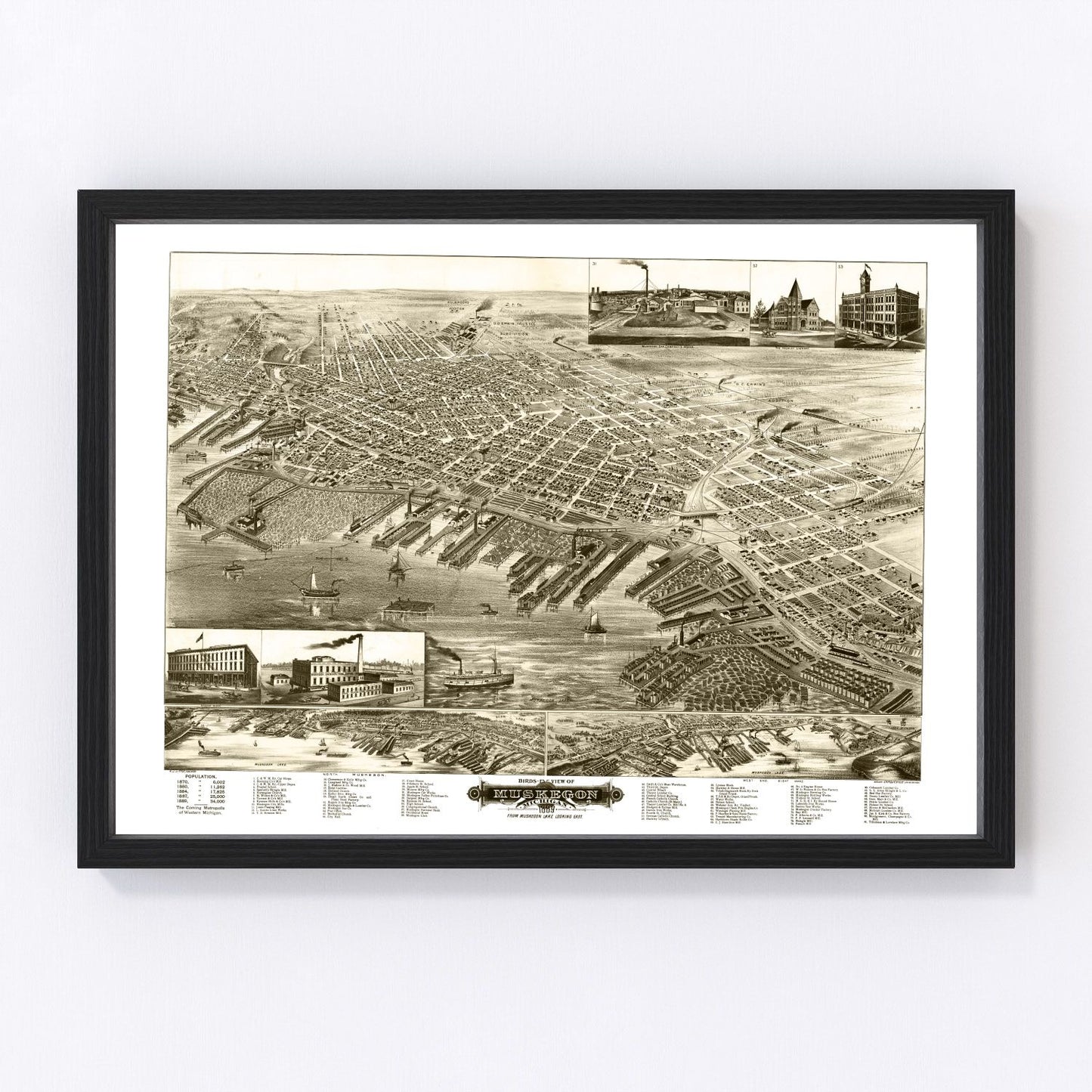 Vintage map of Muskegon, Michigan, 1889