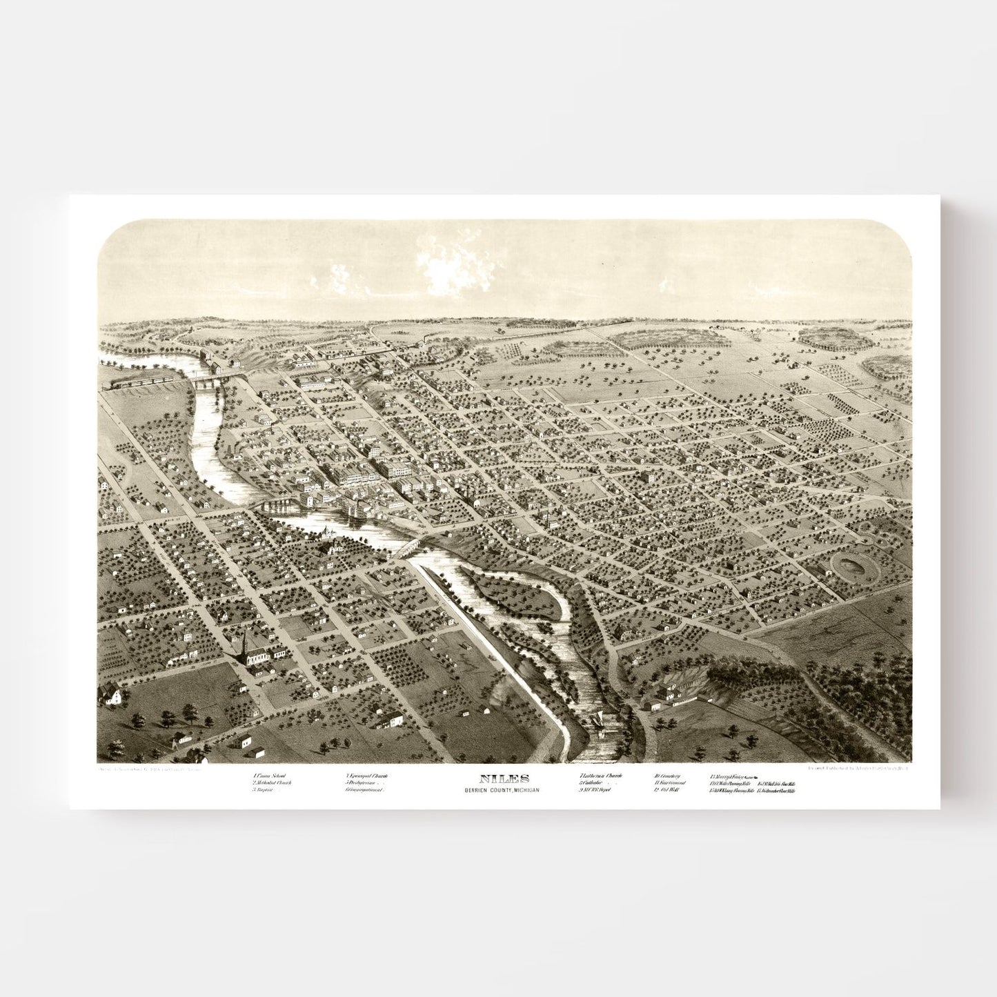 Vintage Map of Niles, Michigan, 1868