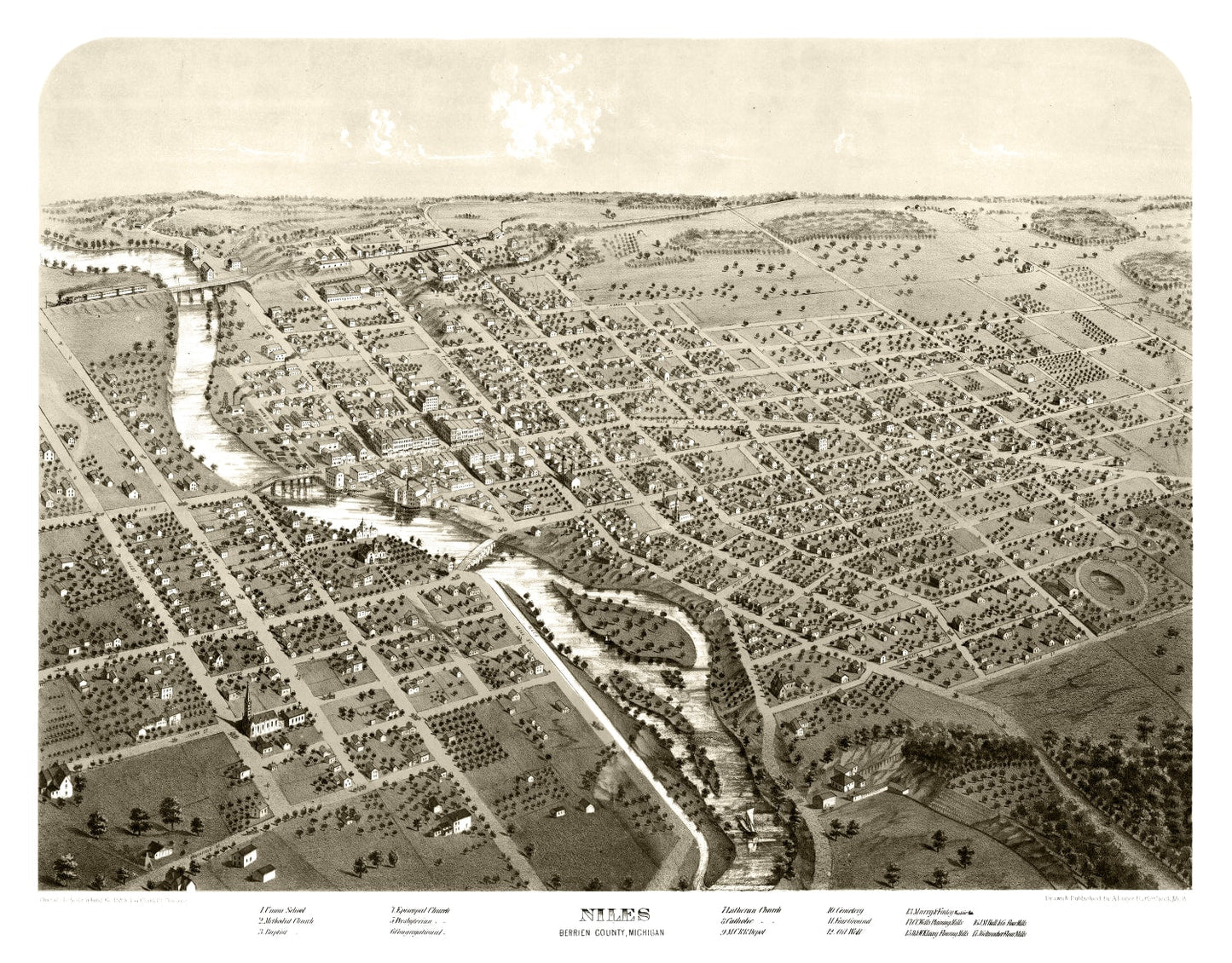 Vintage Map of Niles, Michigan, 1868