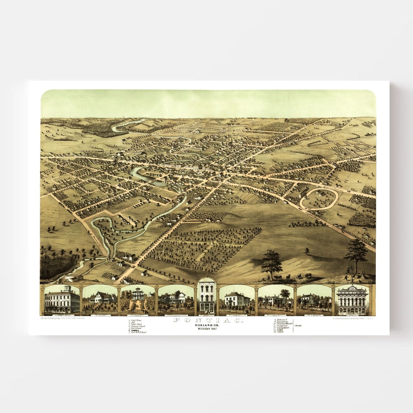 Vintage Map of Pontiac, Michigan, 1867