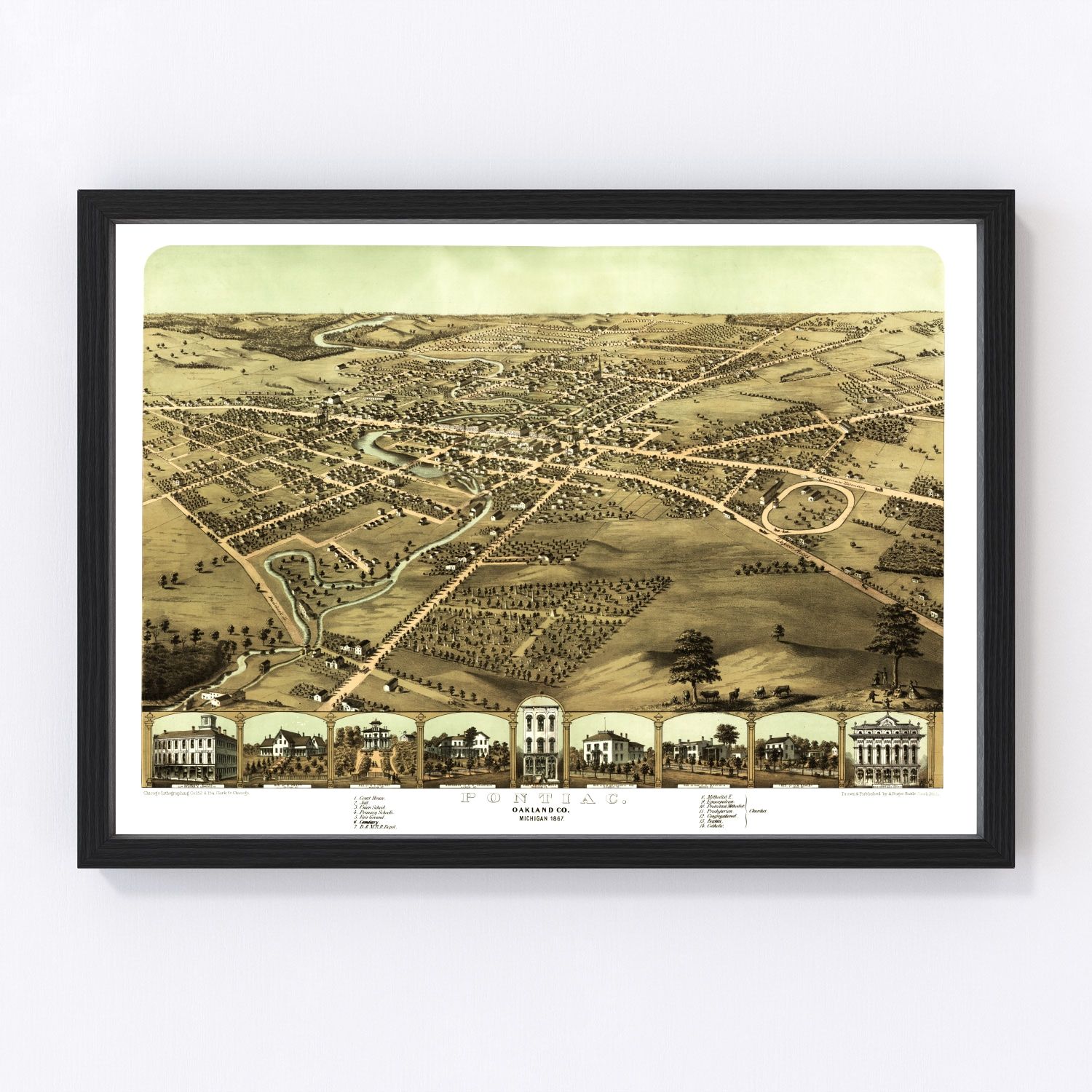 vintage map of Pontiac, Michigan, 1867