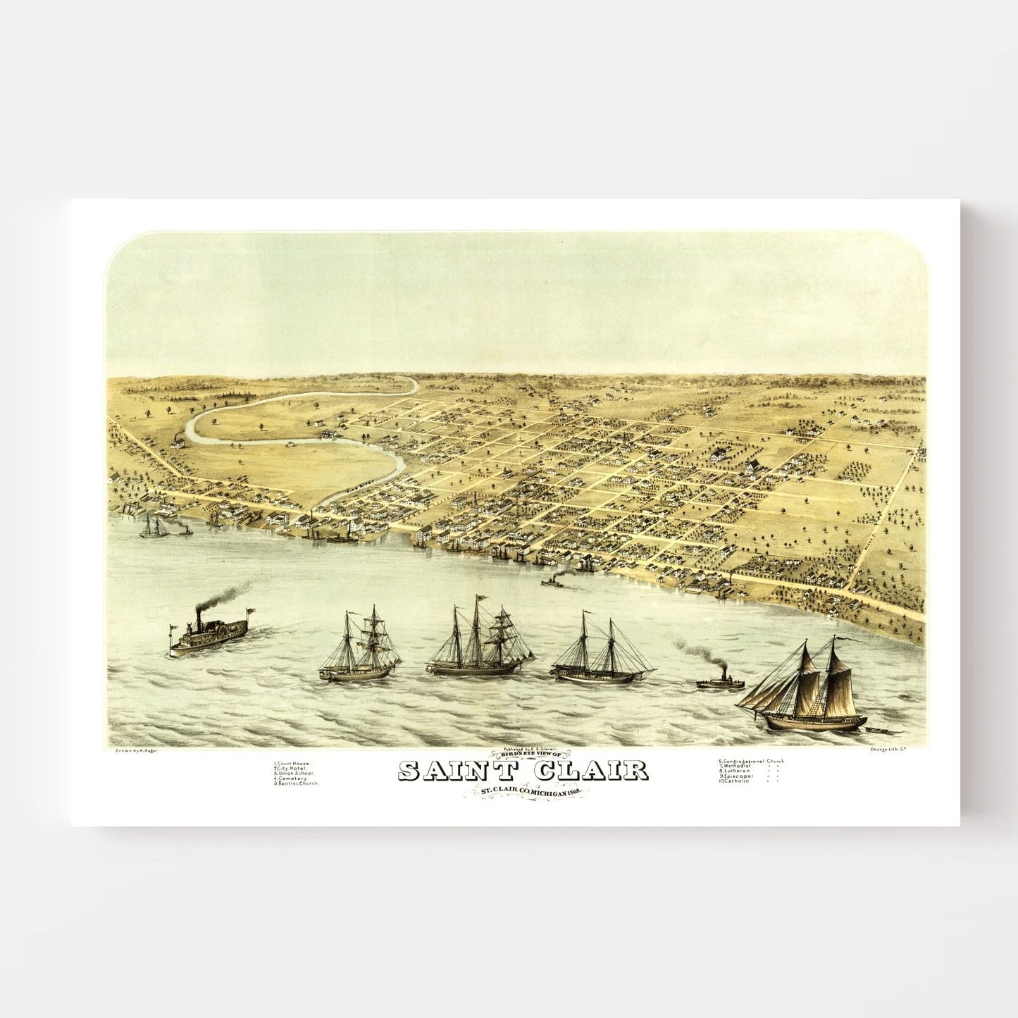 Vintage Map of Saint Clair, Michigan, 1868