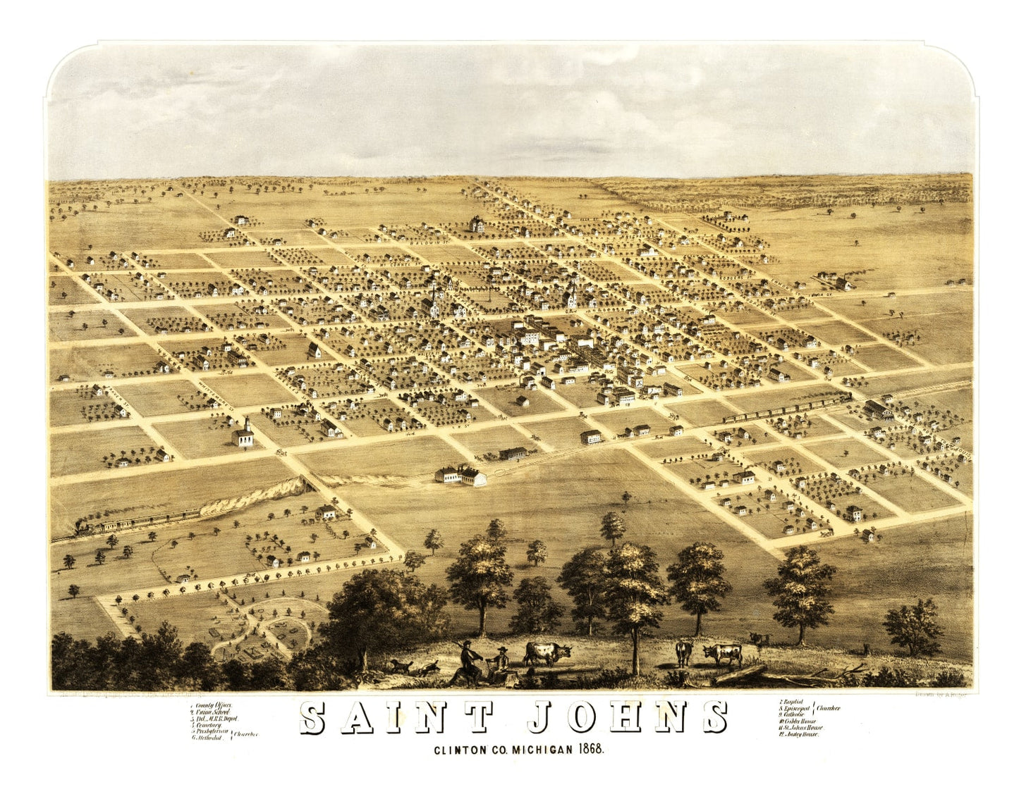 Vintage Map of Saint Johns, Michigan, 1868