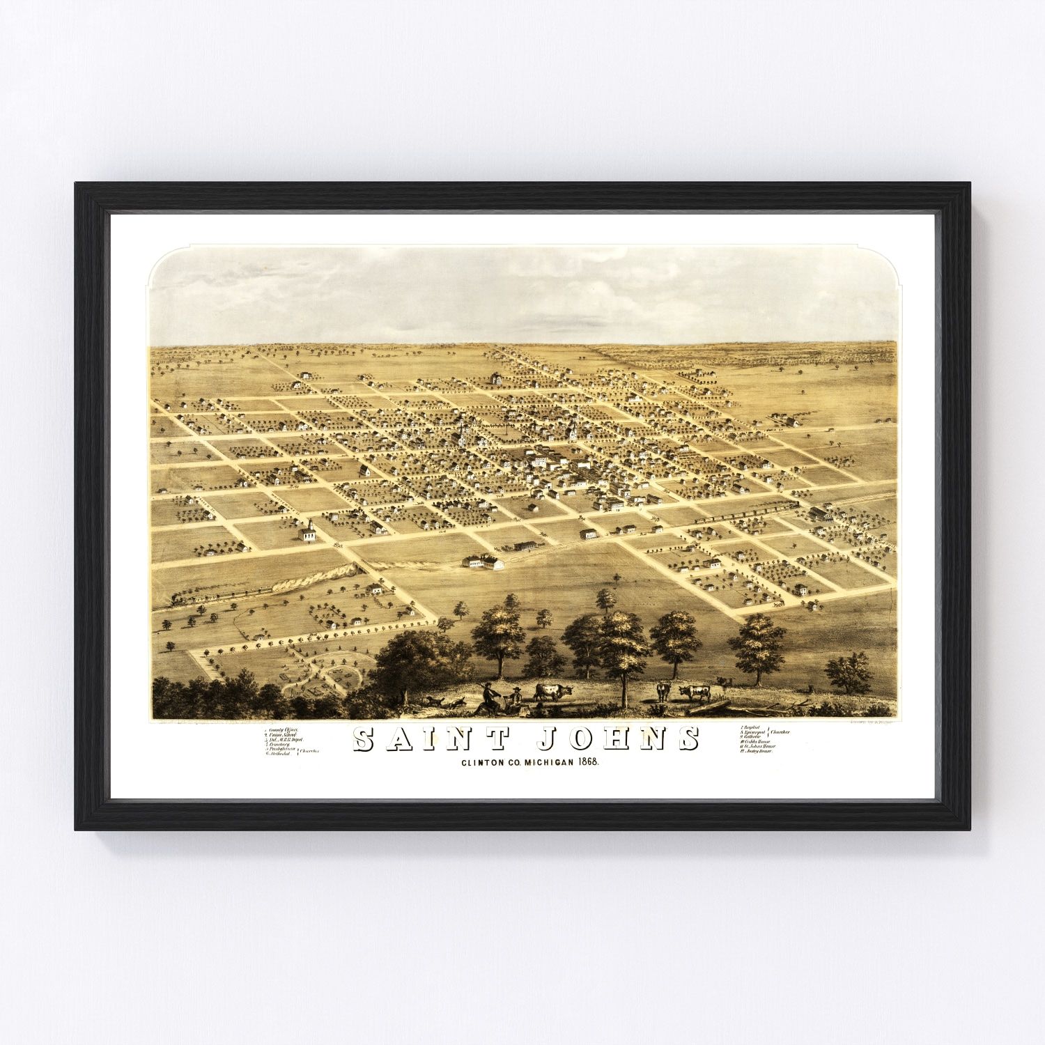 Vintage map of Saint Johns, Michigan, 1868