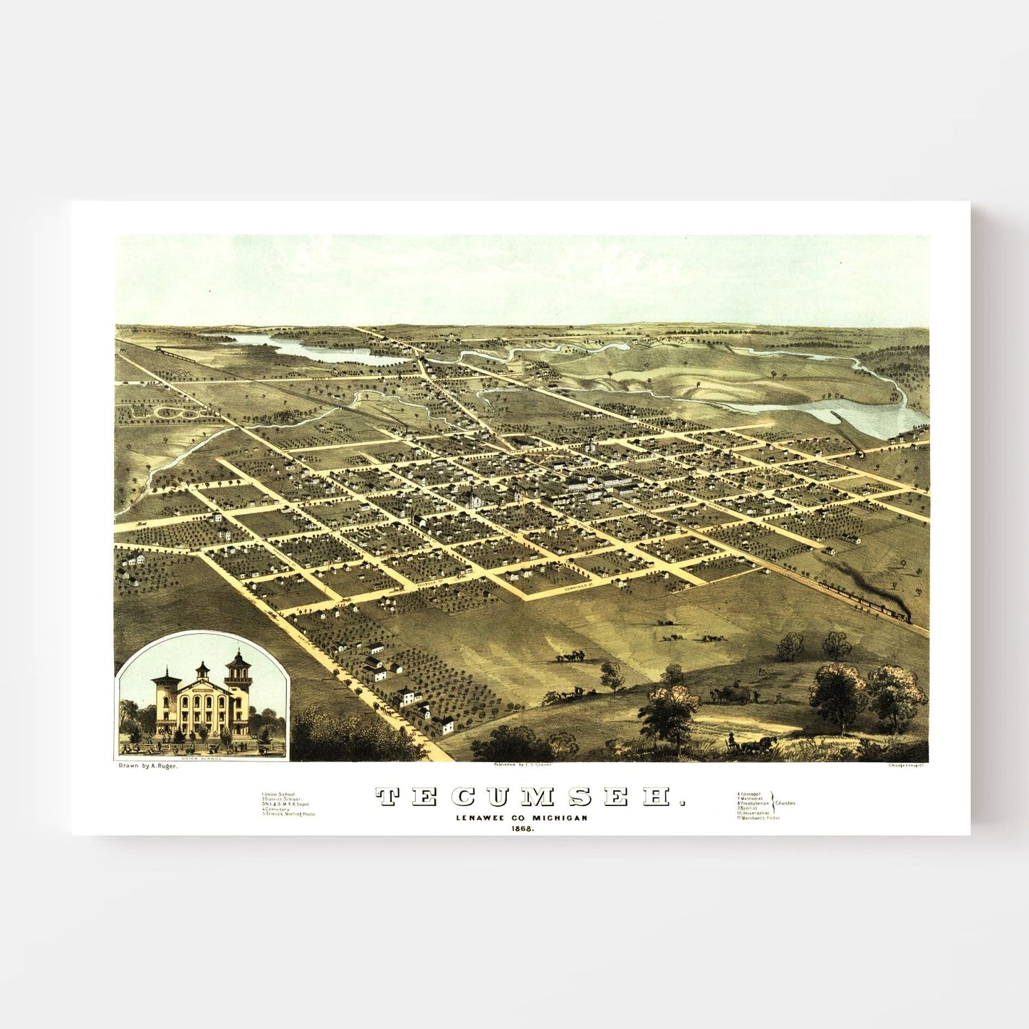 Vintage Map of Tecumseh, Michigan, 1868