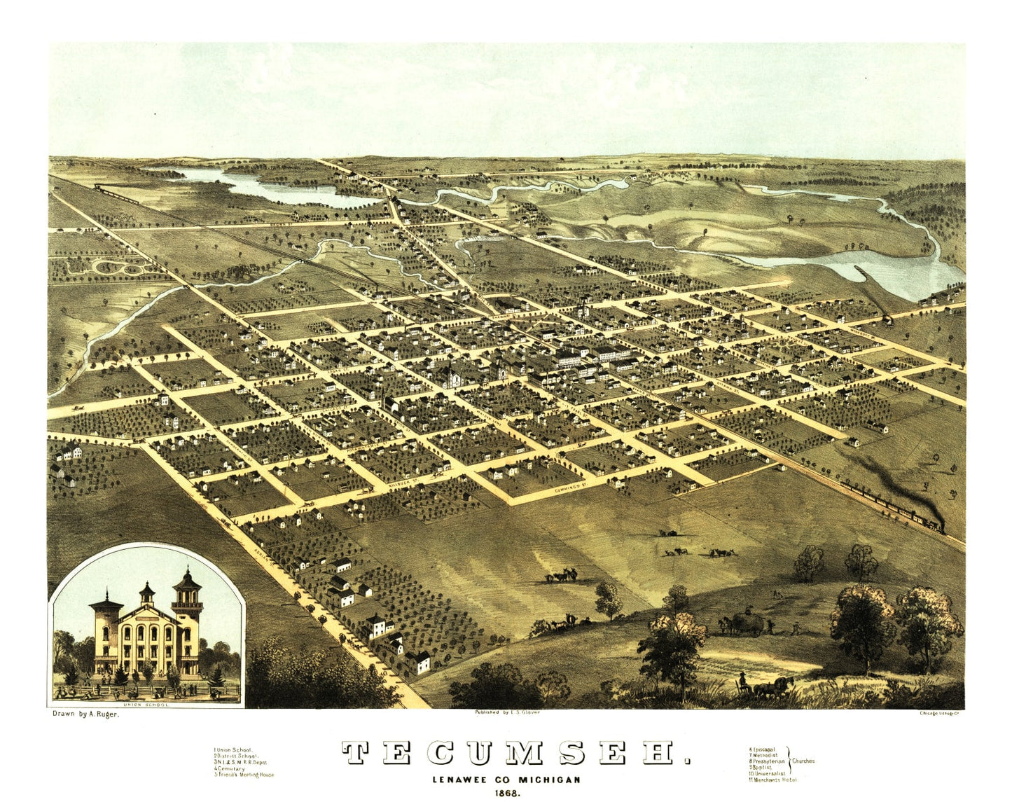 Vintage Map of Tecumseh, Michigan, 1868