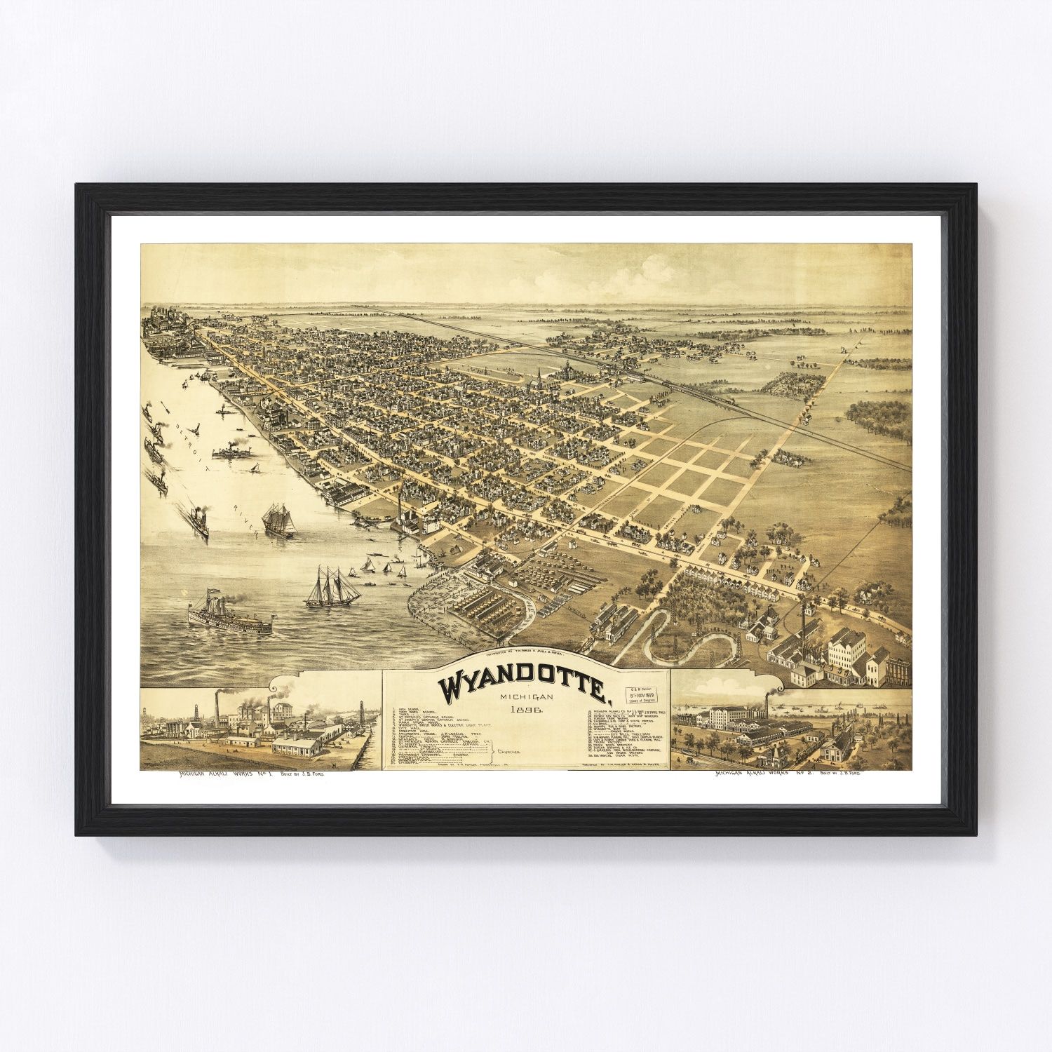 Vintage map of Wyandotte, Michigan, 1896, Detroit River waterfront