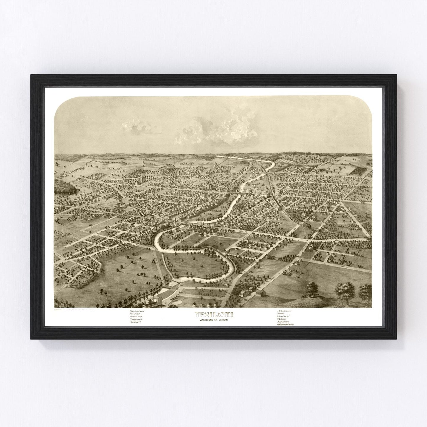 Vintage 1868 map of Ypsilanti Michigan showing city streets and Washtenaw County, restored print