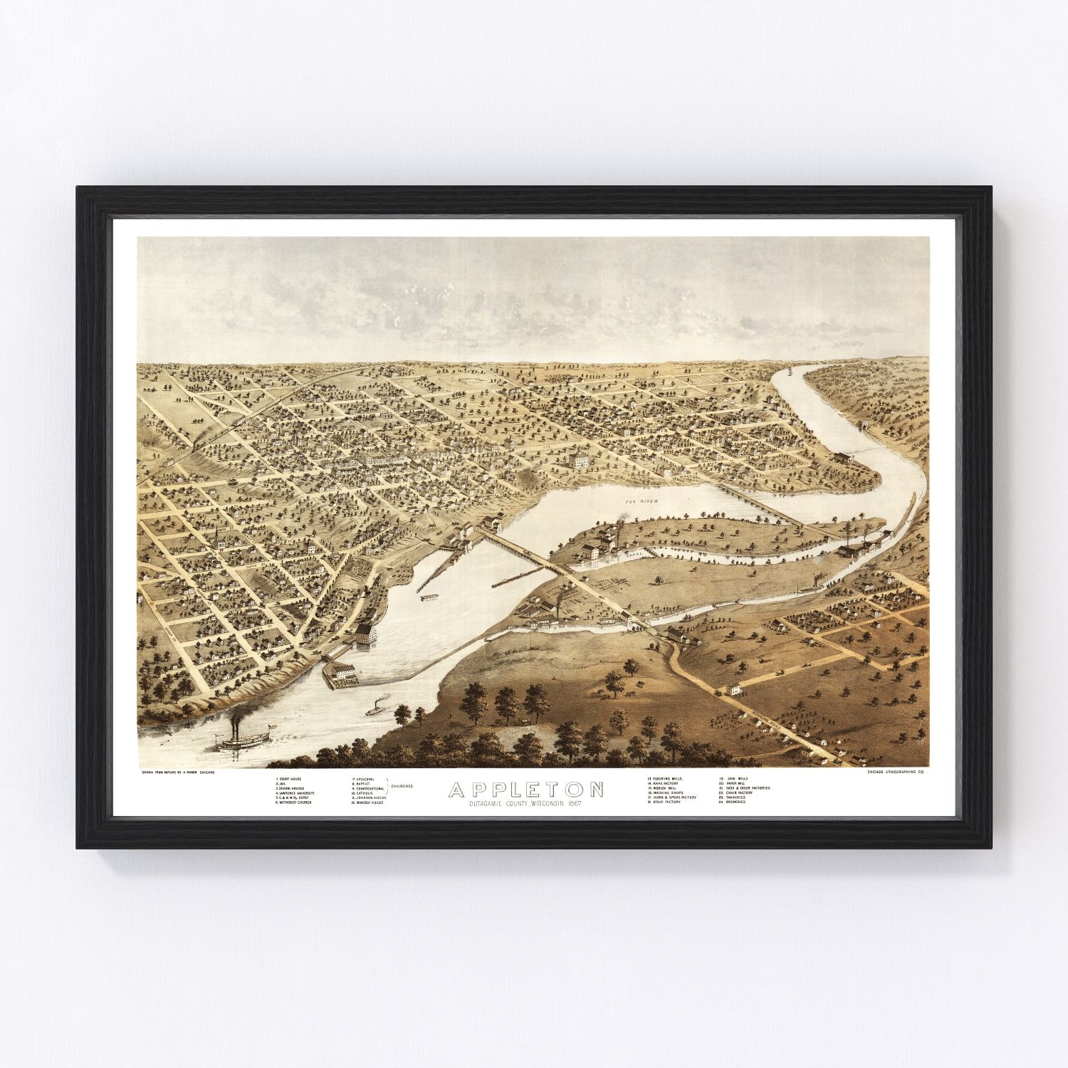 Restored vintage map of Appleton, Wisconsin, 1867