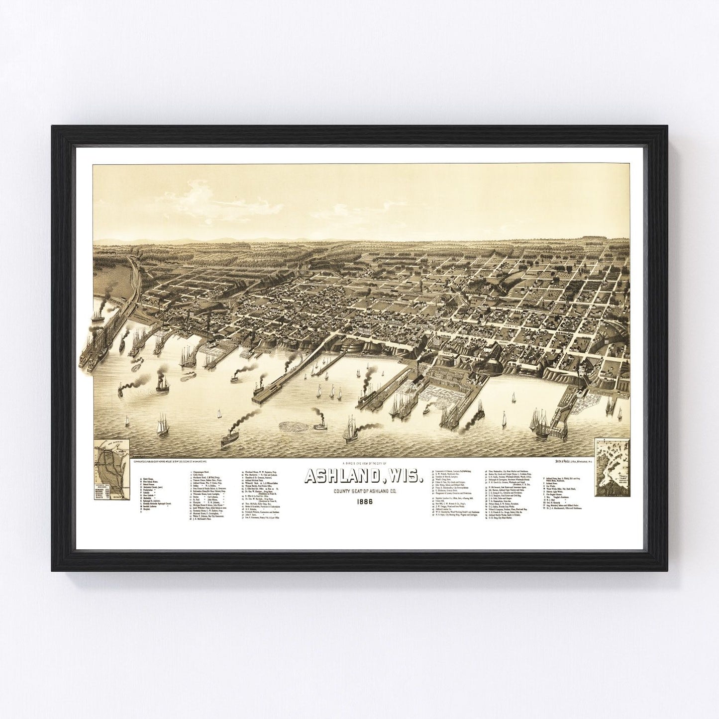 vintage map of Ashland, Wisconsin, 1886, Lake Superior port city