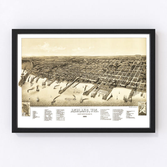 vintage map of Ashland, Wisconsin, 1886, Lake Superior port city